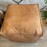 Vegan Leather Ottoman Pouf, Handmade, Cognac, Unstuffed, Moroccan Leather, Marrakech Souk