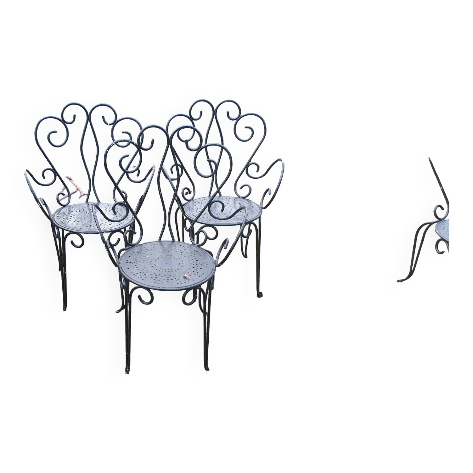 3 ornate wrought iron garden armchairs
