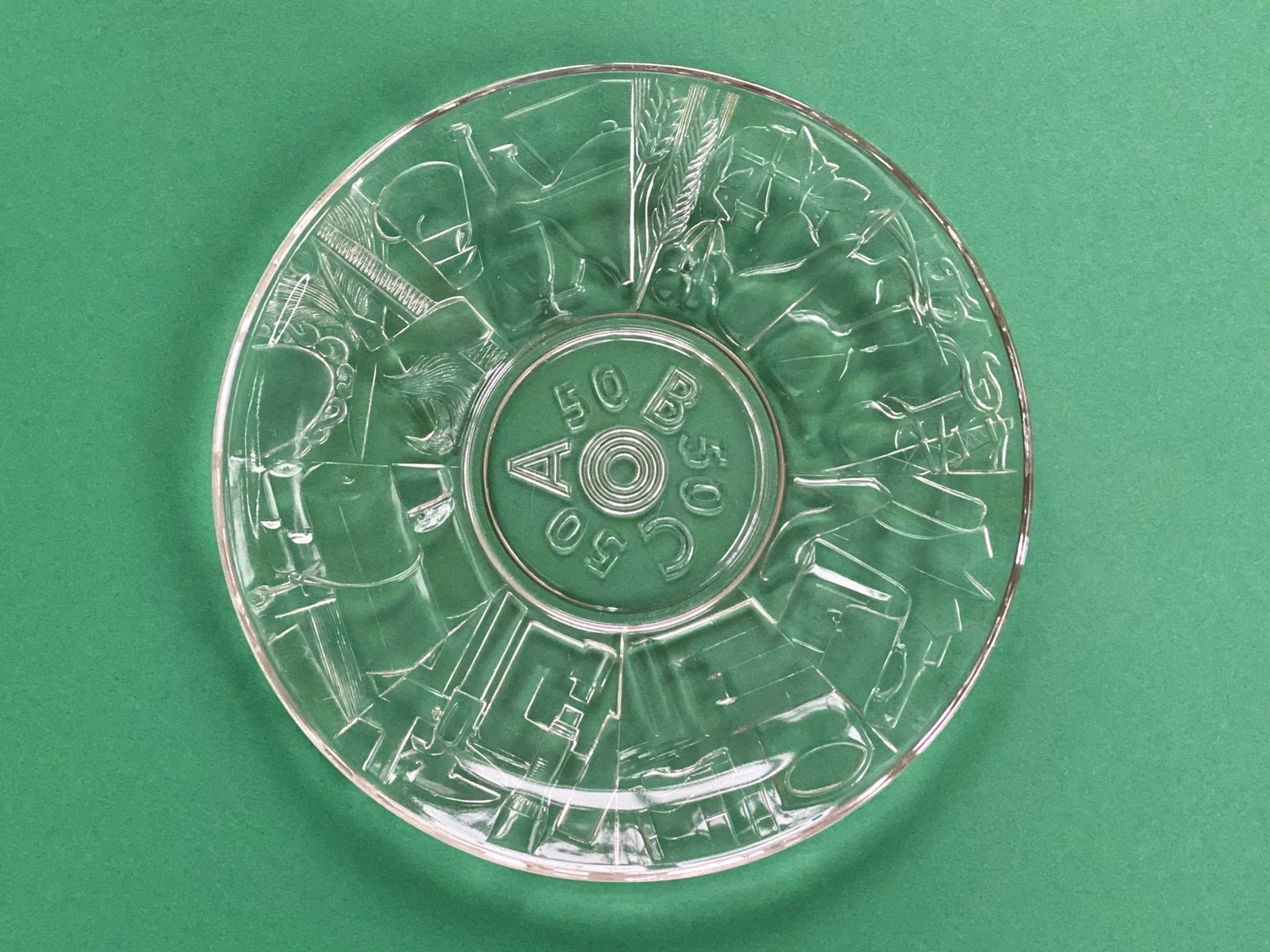 Mid Century glass ABC Plate, S.J. Thomassen for Leerdam Glass factory centerpiece