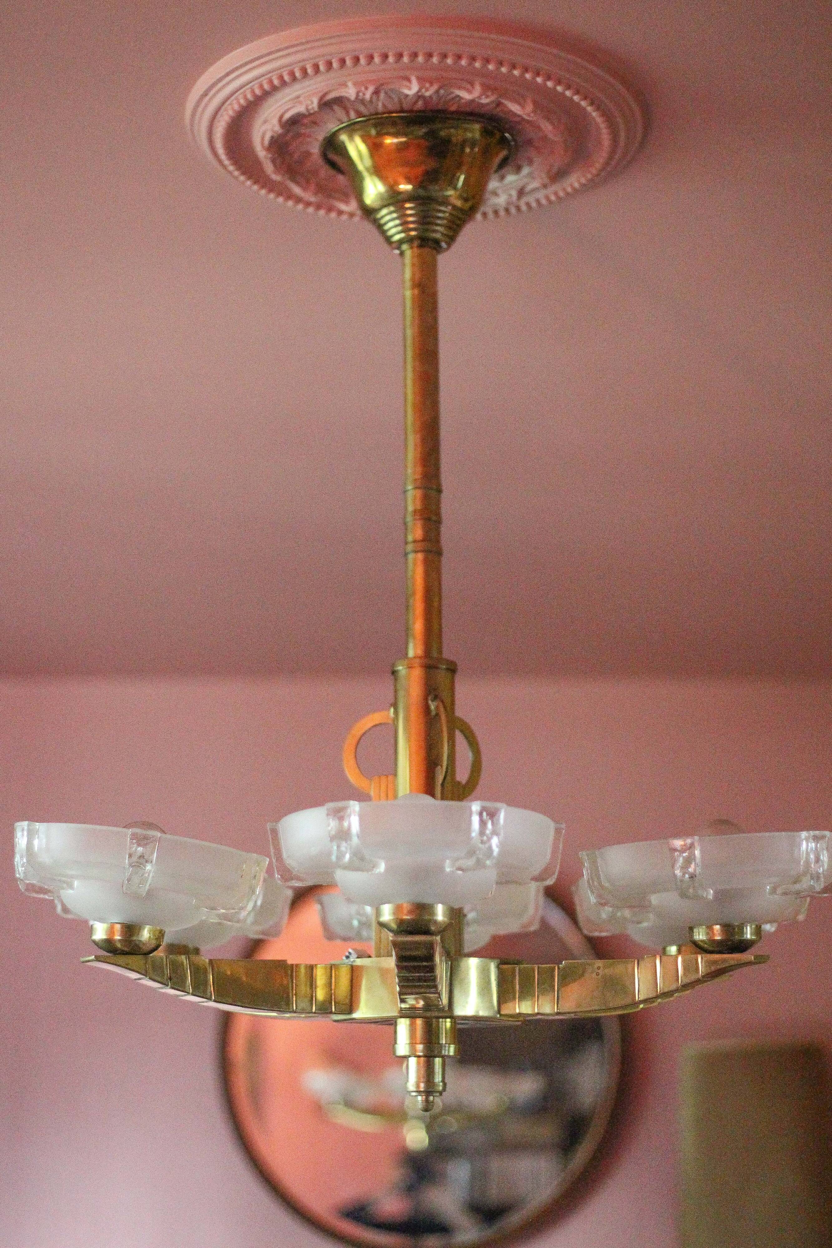 art deco suspension, 6-light Ezan glass globe chandelier, art deco bronze chandelier