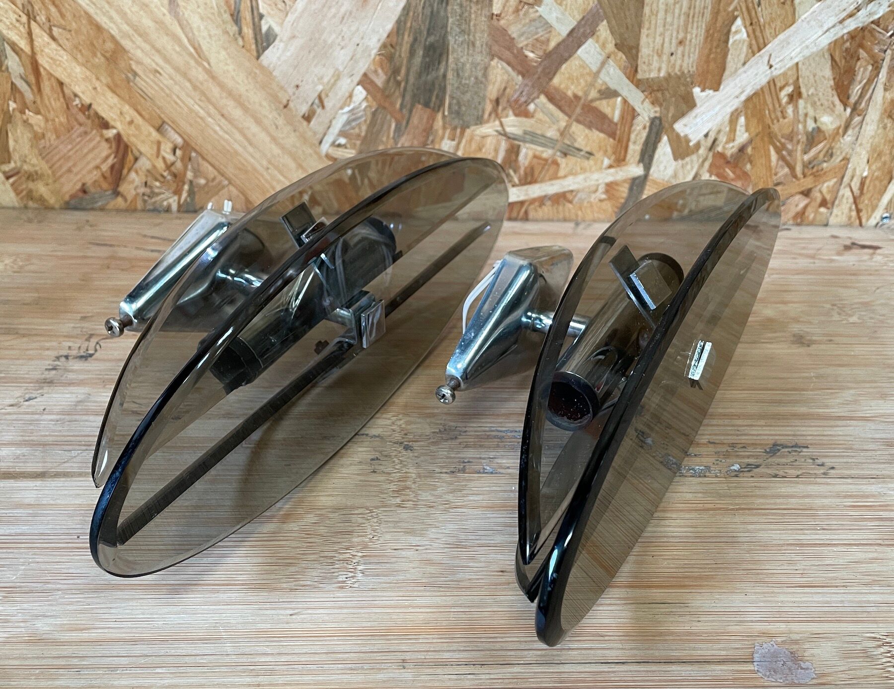Pair of vintage smoked glass wall lamps