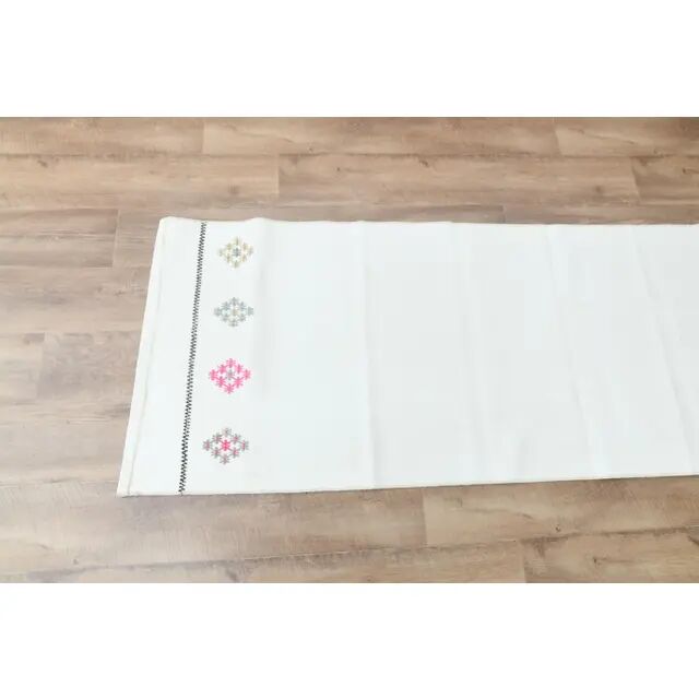 1970s Vintage Turkish Handmade Wool Cotton Beige Kilim Runner Rug 66x207