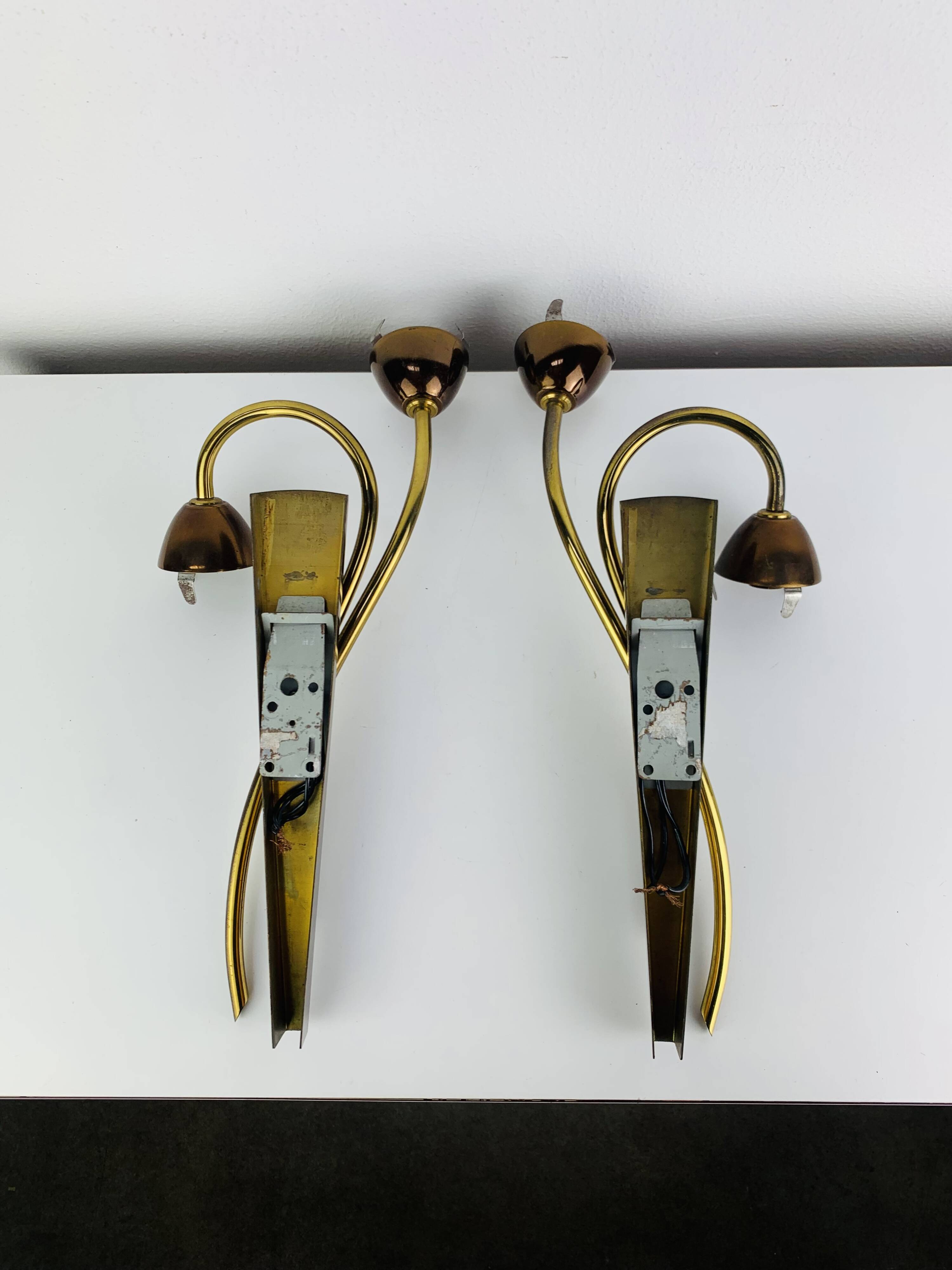 Pair of 1950s wall lights in brass and opaline tulips, Lunel/Arlus