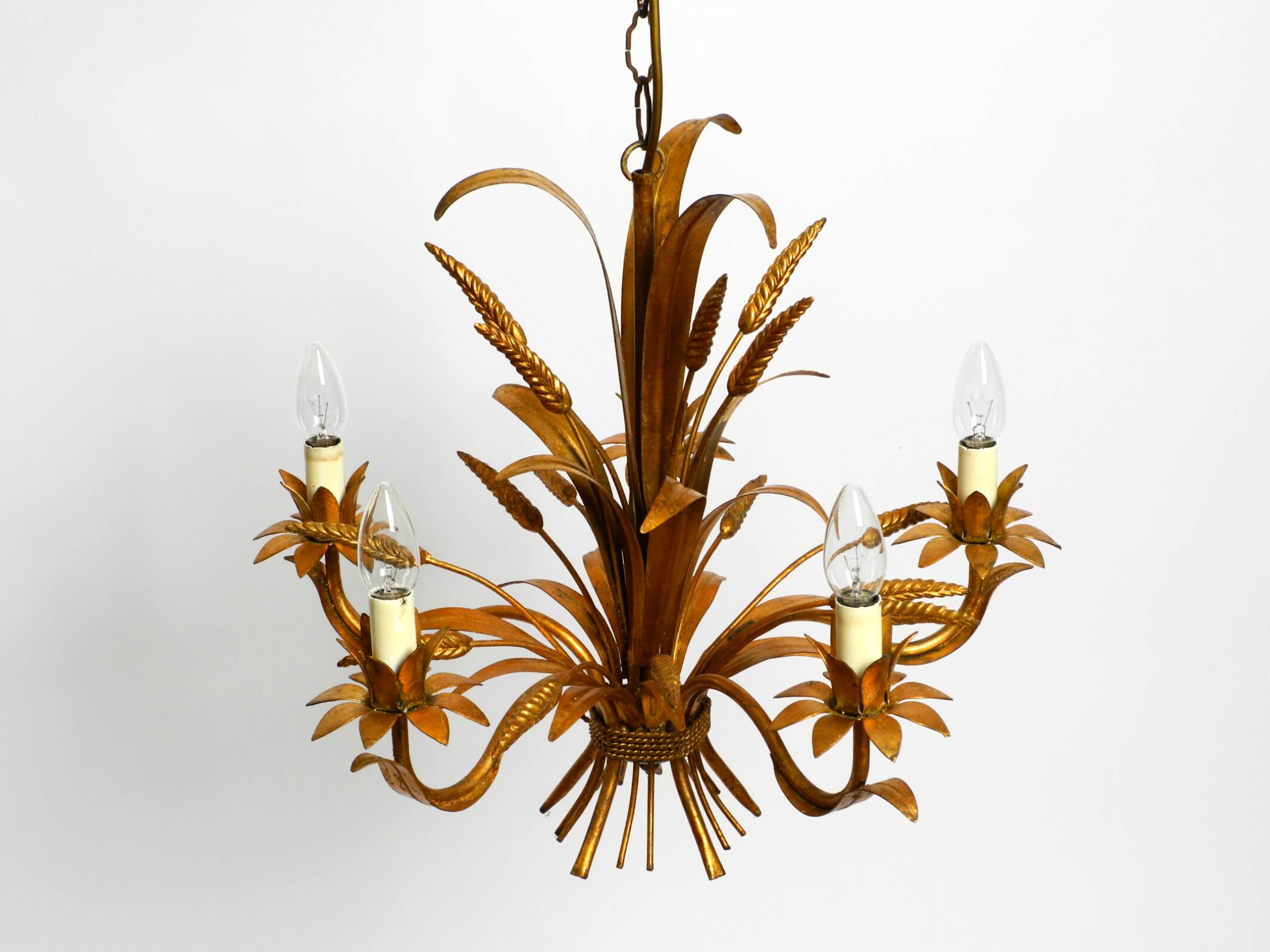 Beautiful 1970s gold-plated 5-arm tall metal chandelier by Hans Kögl