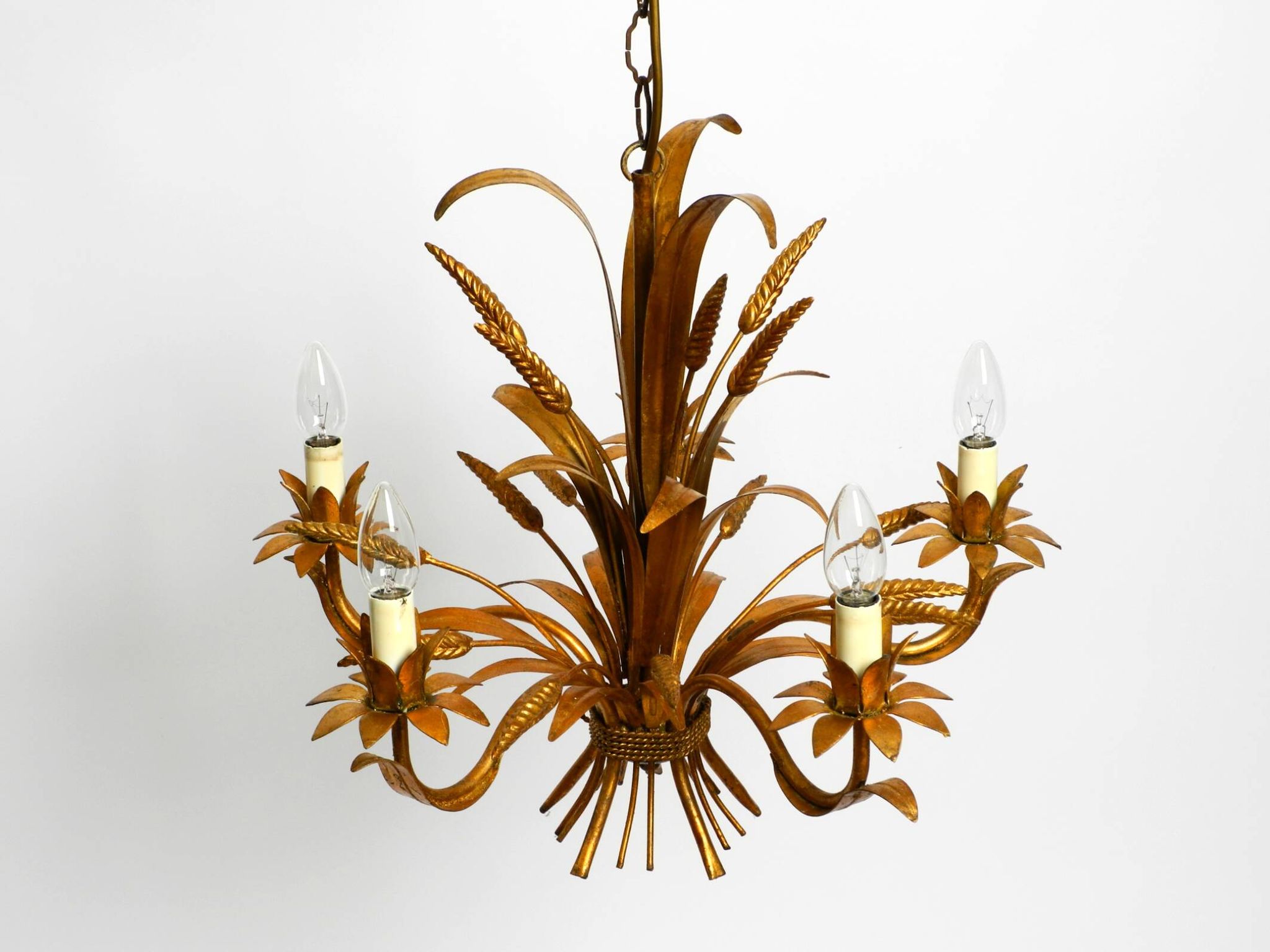Beautiful 1970s gold-plated 5-arm tall metal chandelier by Hans Kögl