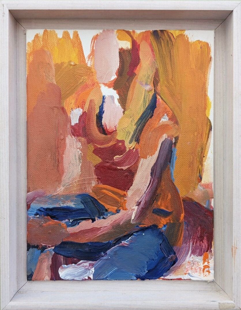 Mid-Century Modern "Seated in Orange" Swedish Vintage Abstract Portrait Oil Painting, Framed