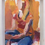 Mid-Century Modern "Seated in Orange" Swedish Vintage Abstract Portrait Oil Painting, Framed