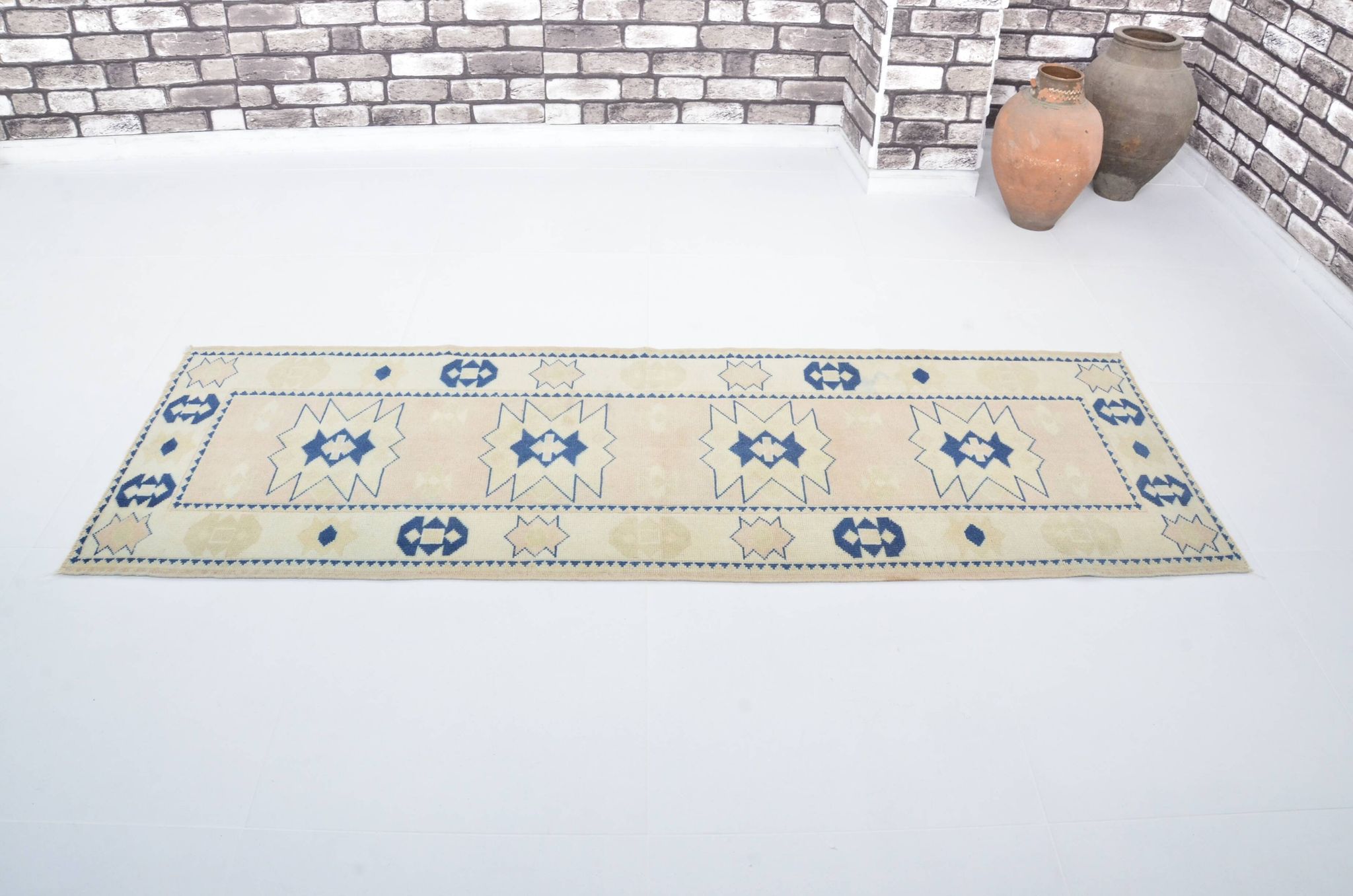 Beige And Blue Oushak Runner Rug sku 3324