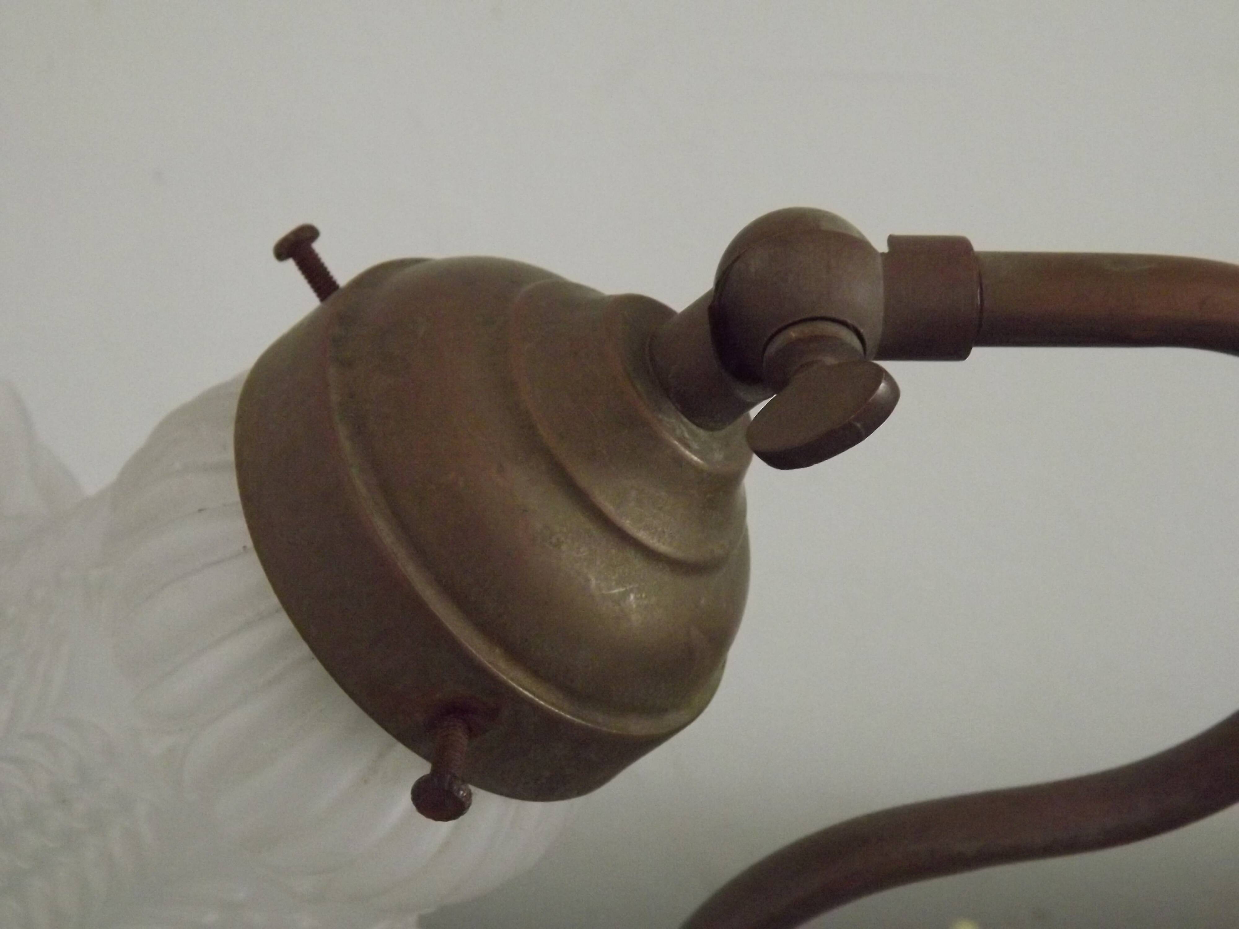 Vintage French Brass Anglepoise Table Lamp with Opaque Patterned Glass Shade 5087