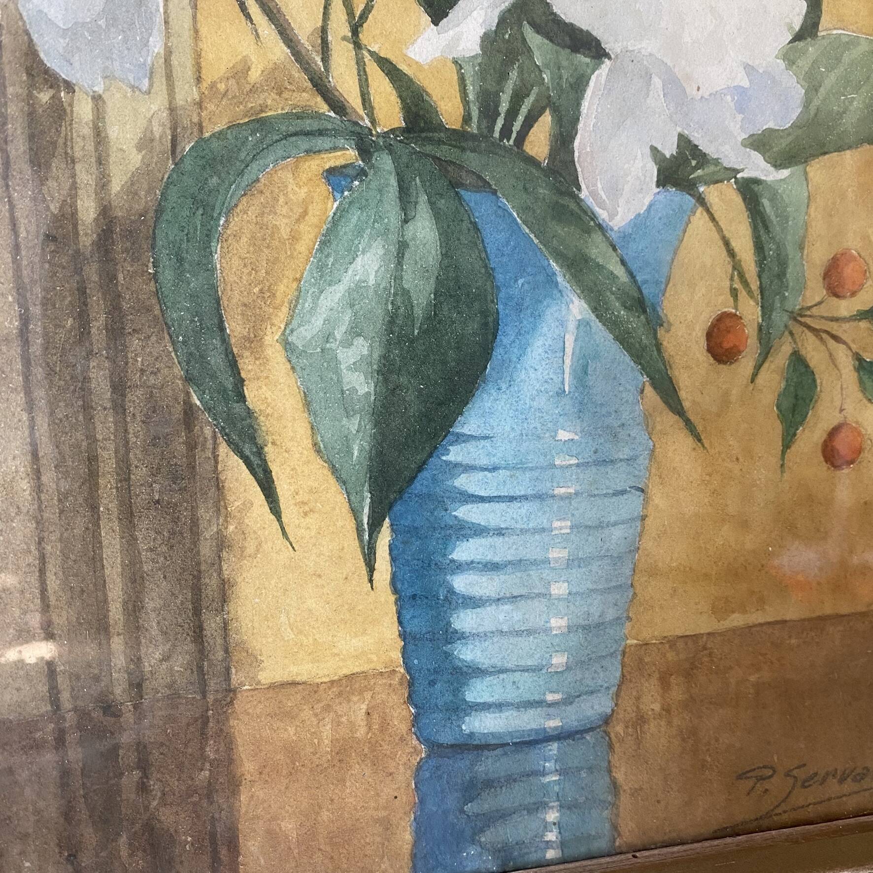 Old painting of a bouquet of flowers, watercolour of white peonies.
