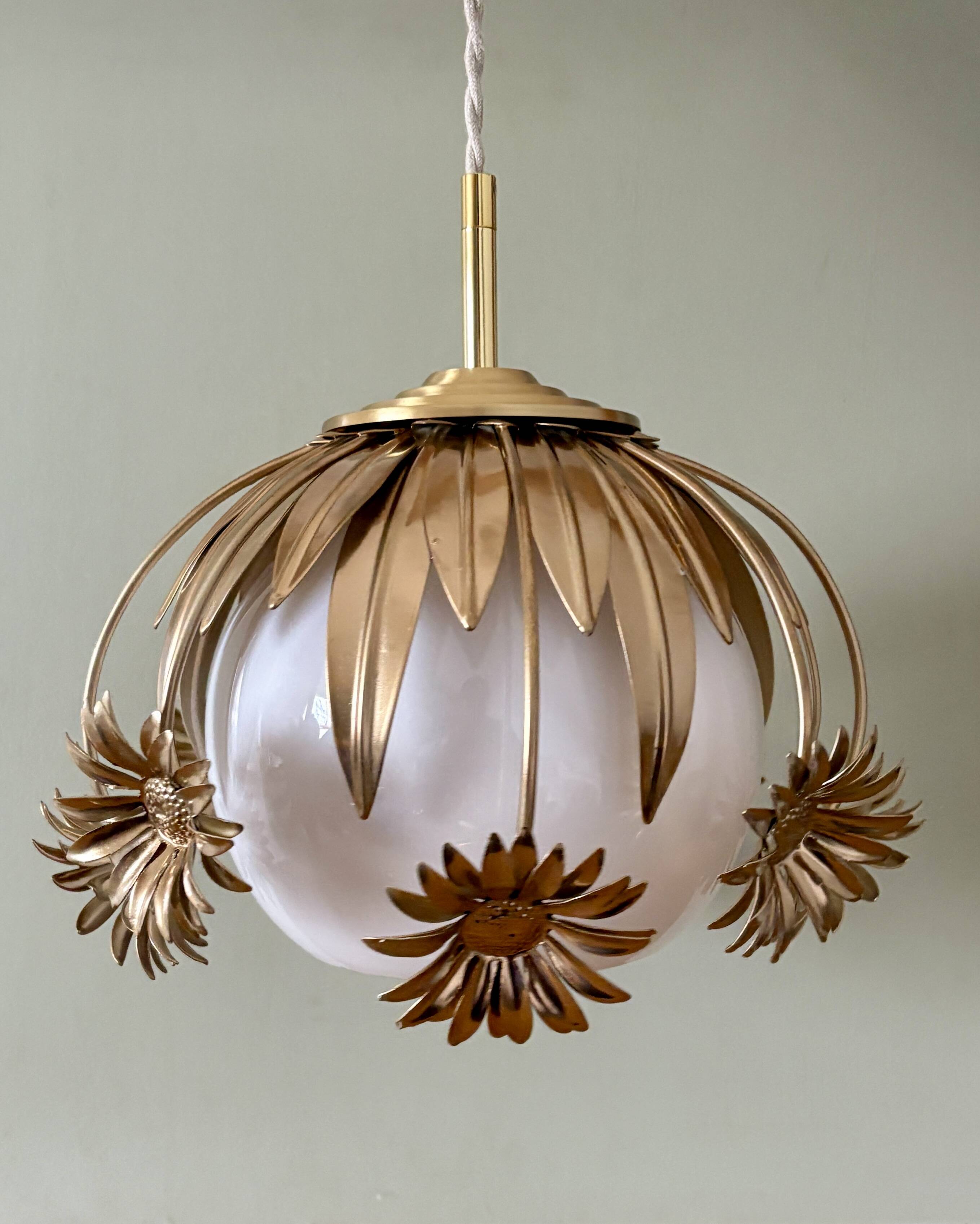 Pendant light in gilded metal and antique opaline globe