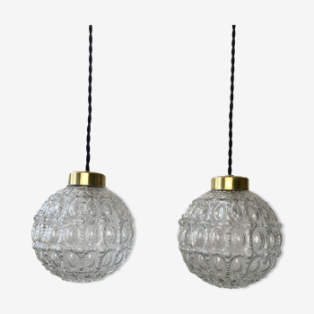 Pair of round hanging lamps in vintage glass