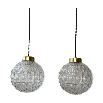 Pair of round hanging lamps in vintage glass