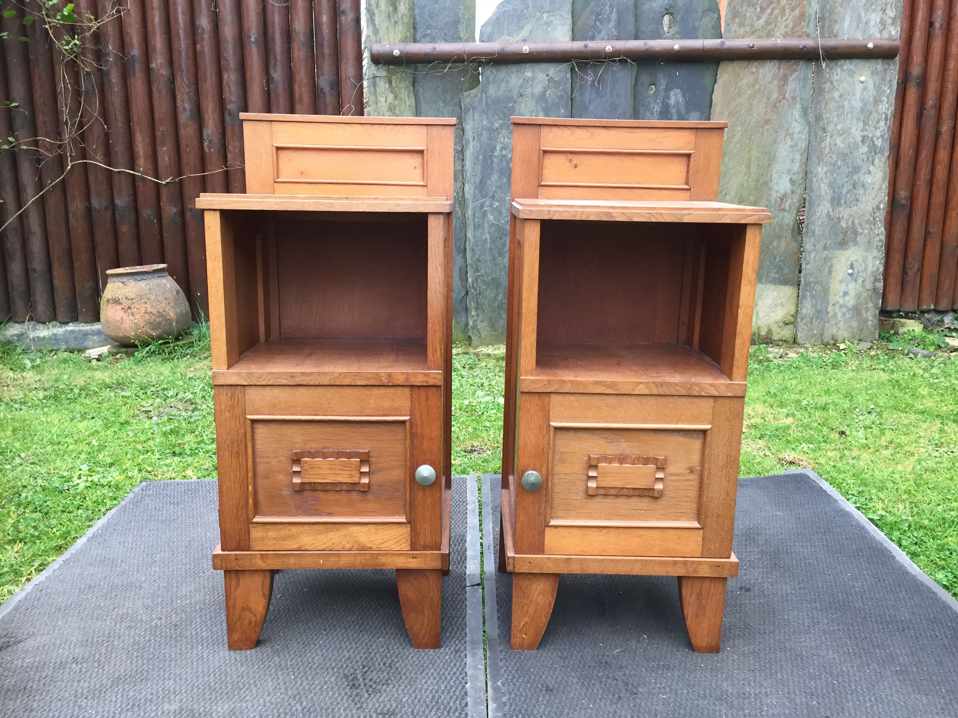 Vintage bedside tables with solid oak compass legs (pair)