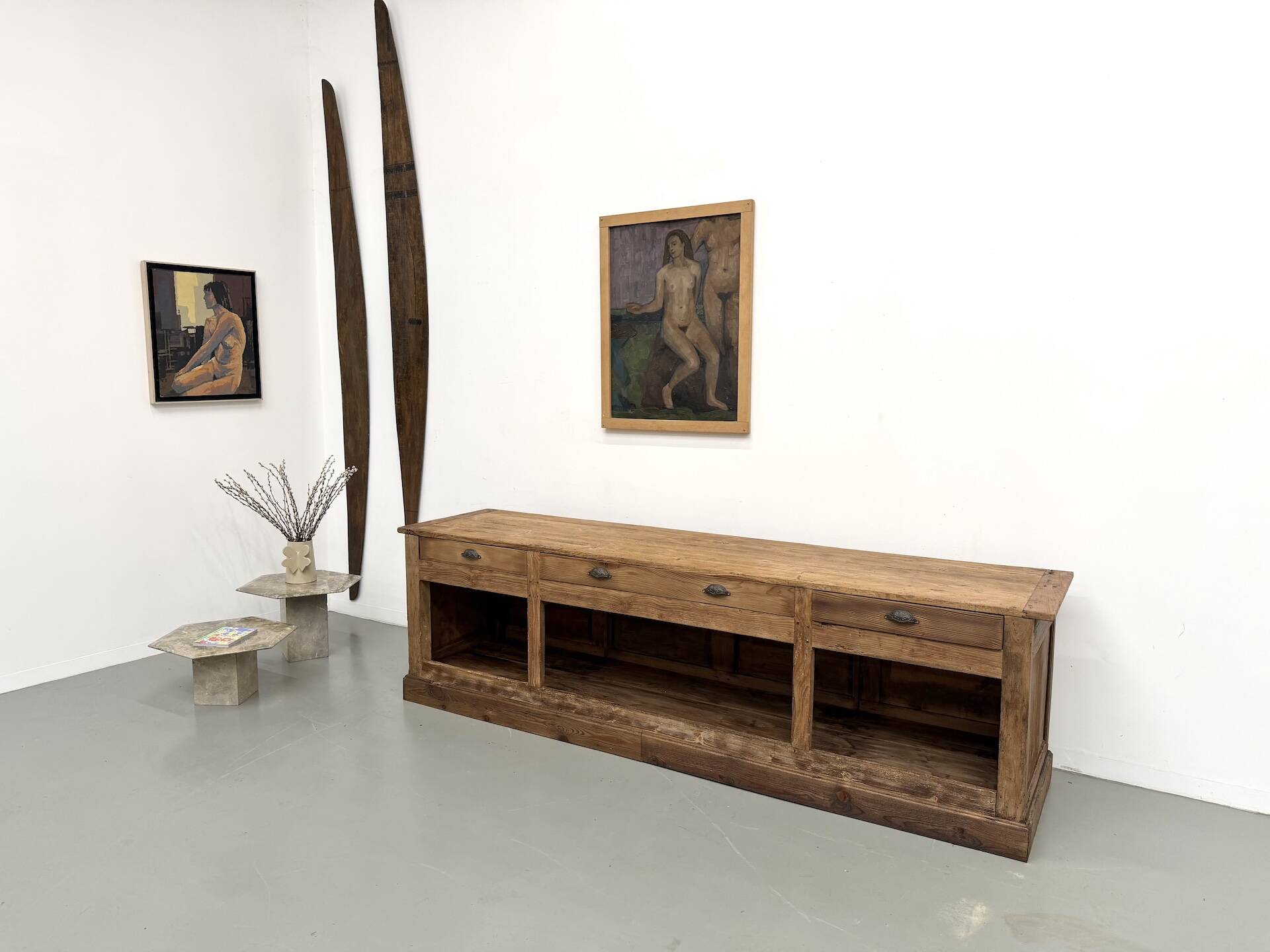 Very large pine trade counter, circa 1920.