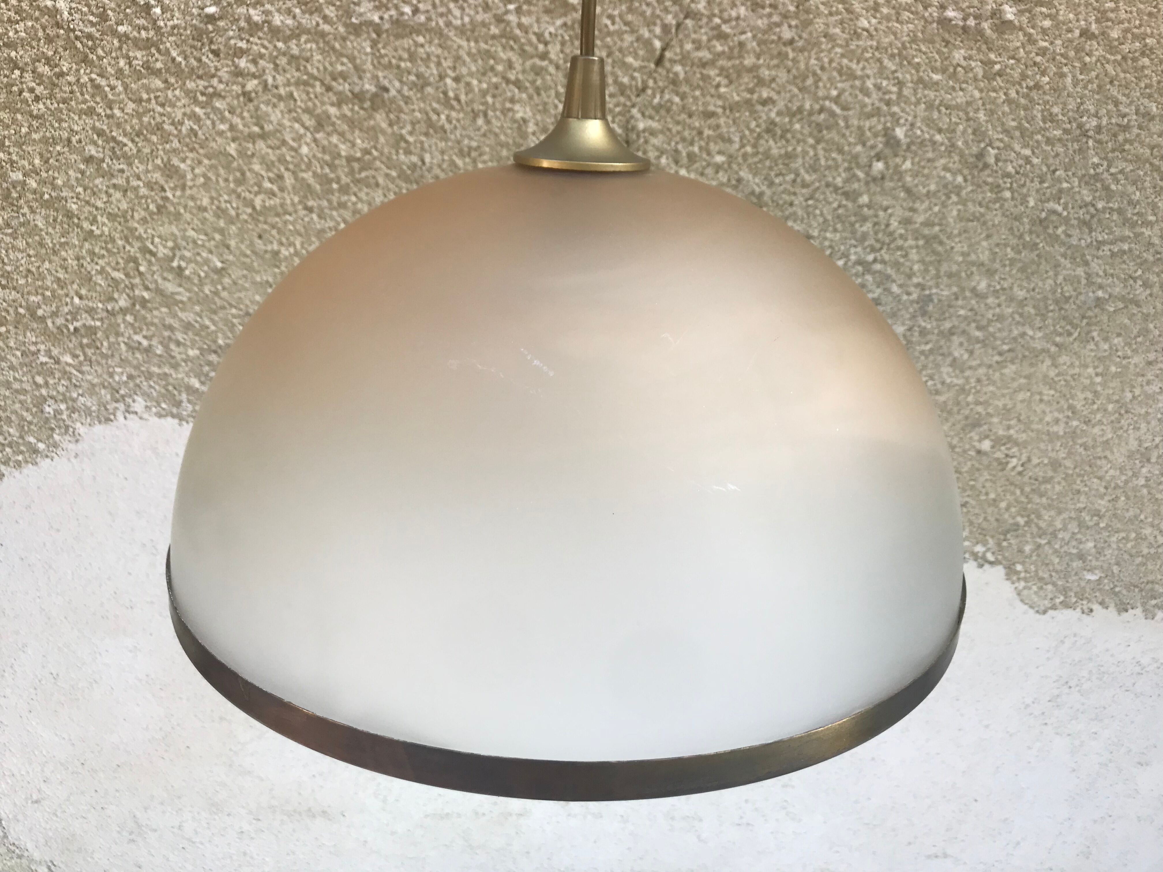 Old molded glass hanging Contour brass + Support Golden 70s Vintage