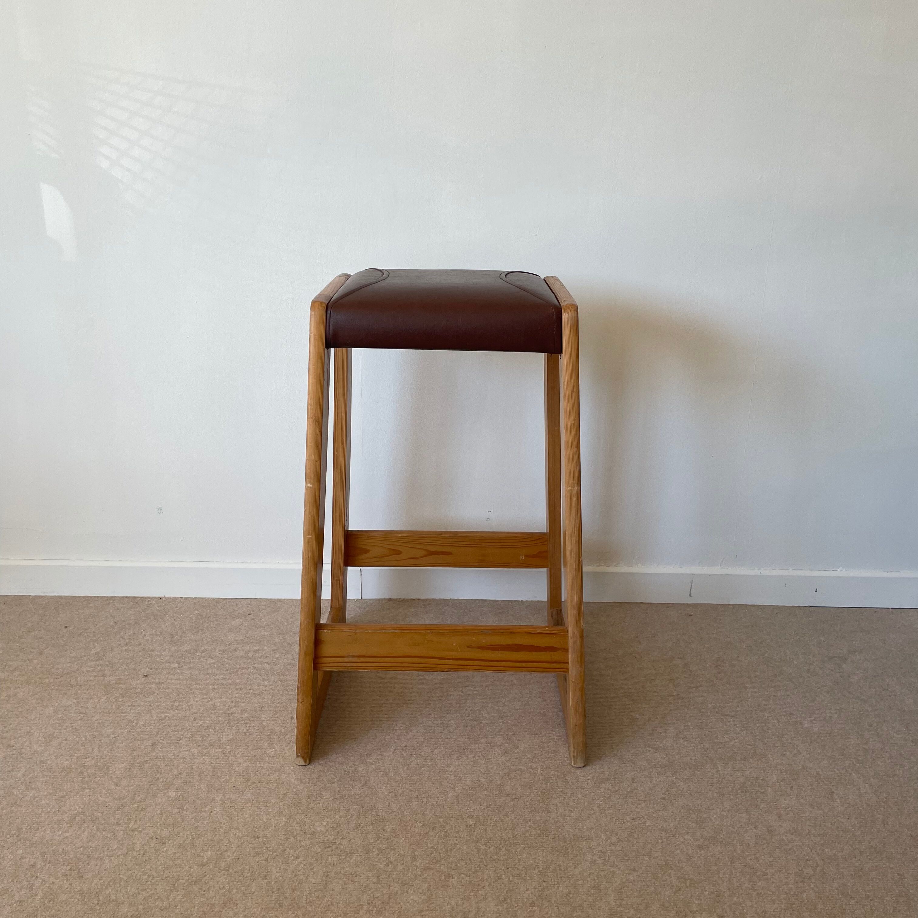 Pine and leather stool Eastern Europe
