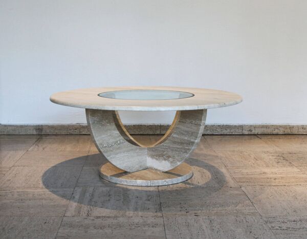 Table basse ronde travertin et vitre, Italie, 1970.