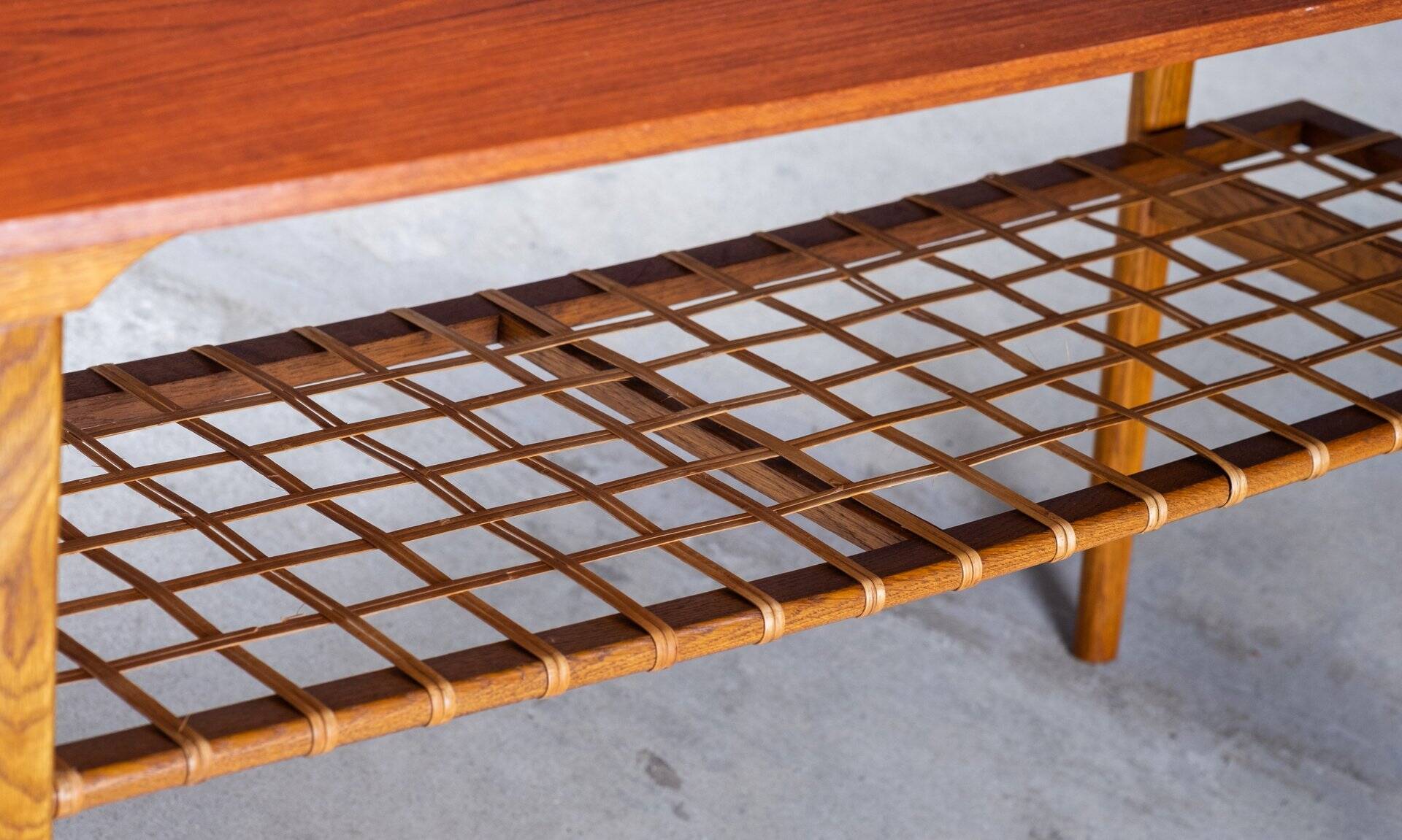 Teak and Oak Coffee Table with Rattan Shelf, Denmark, 1960s