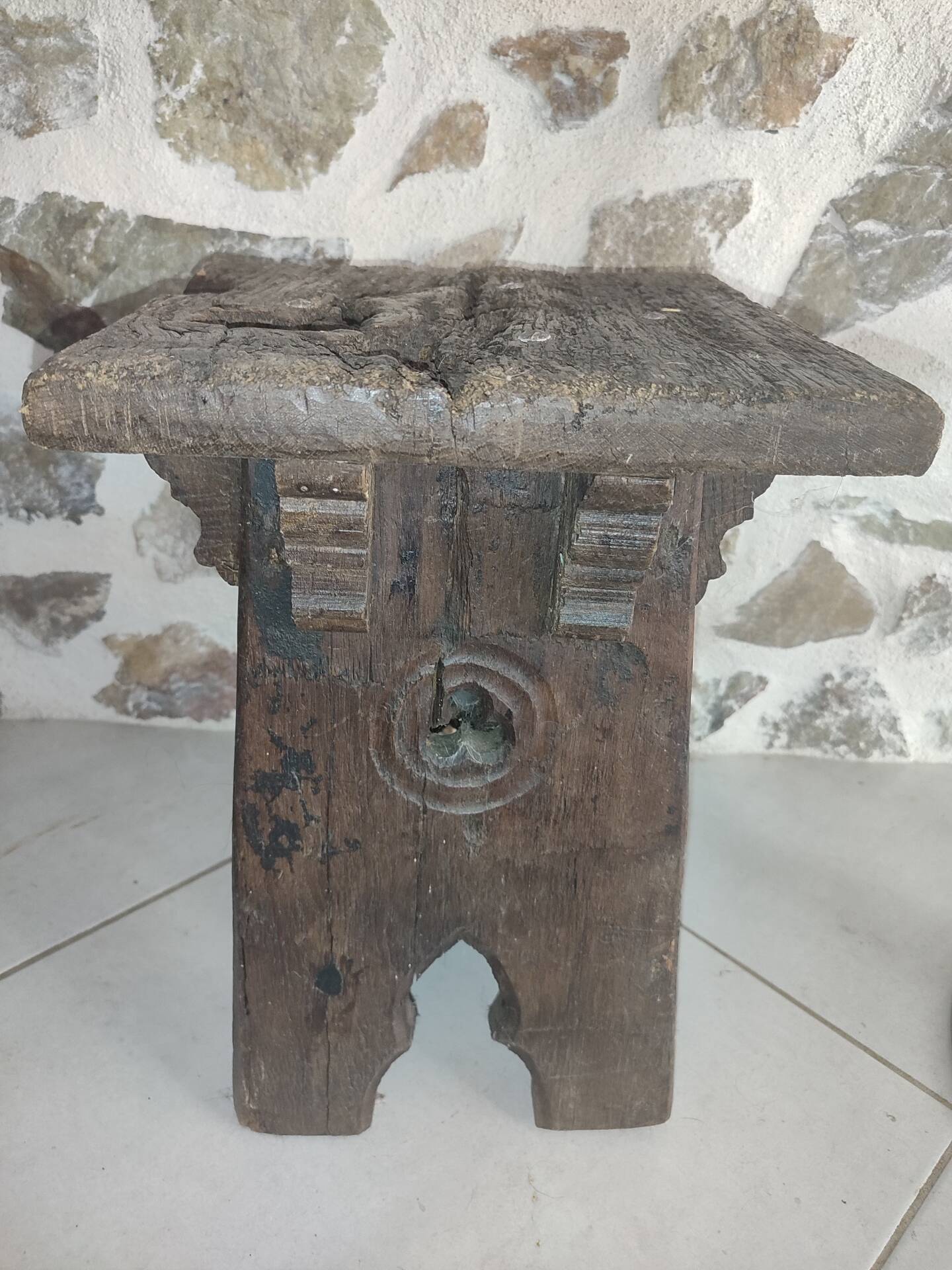 Brutalist monastic stool in solid oak