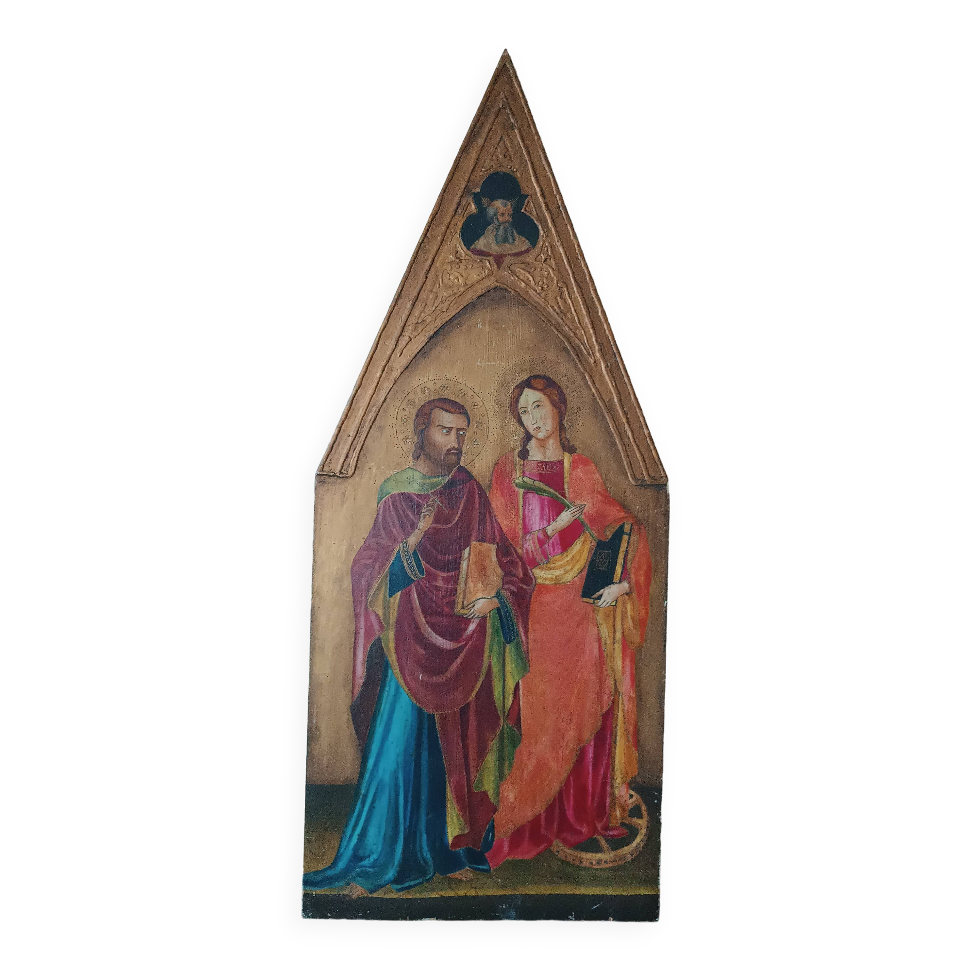 Peinture à la détrempe ancienne sur panneau avec des saints, 19ème siècle