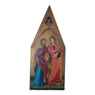 Peinture à la détrempe ancienne sur panneau avec des saints, 19ème siècle