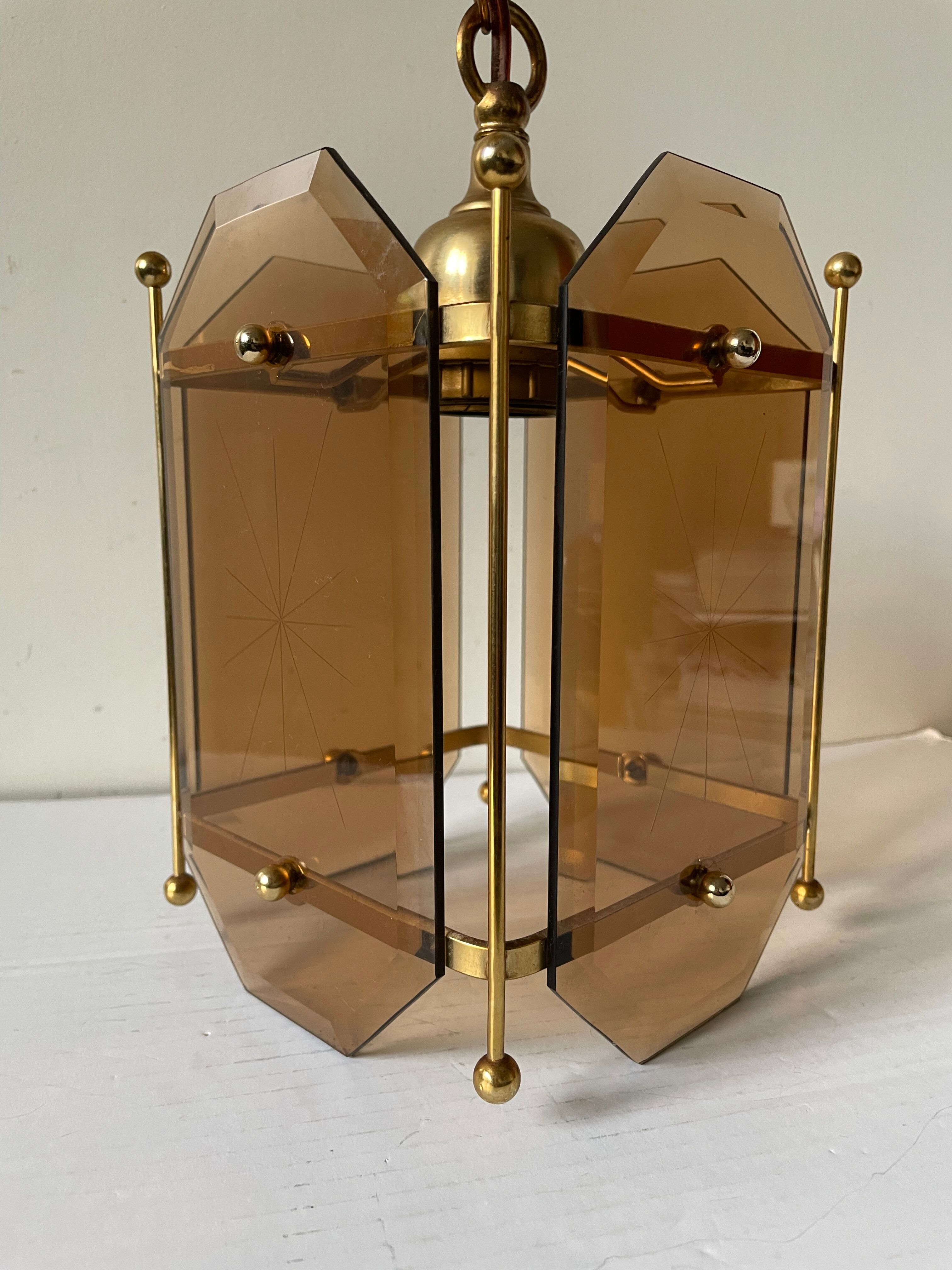 Scandinavian vintage lamp in brass & amber colored glass