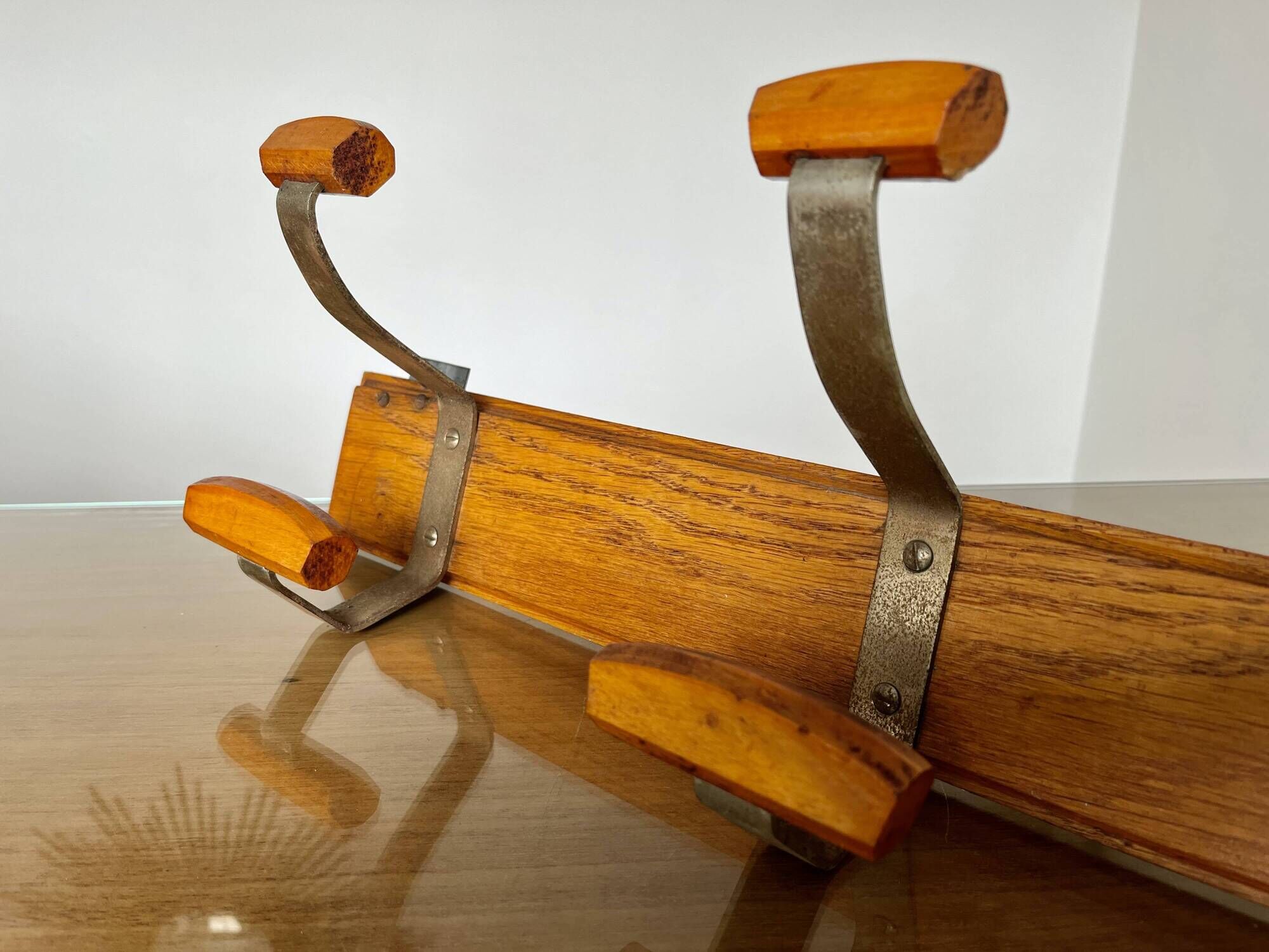Scandinavian wall coat rack in wood and metal 6 hooks 60s 70s