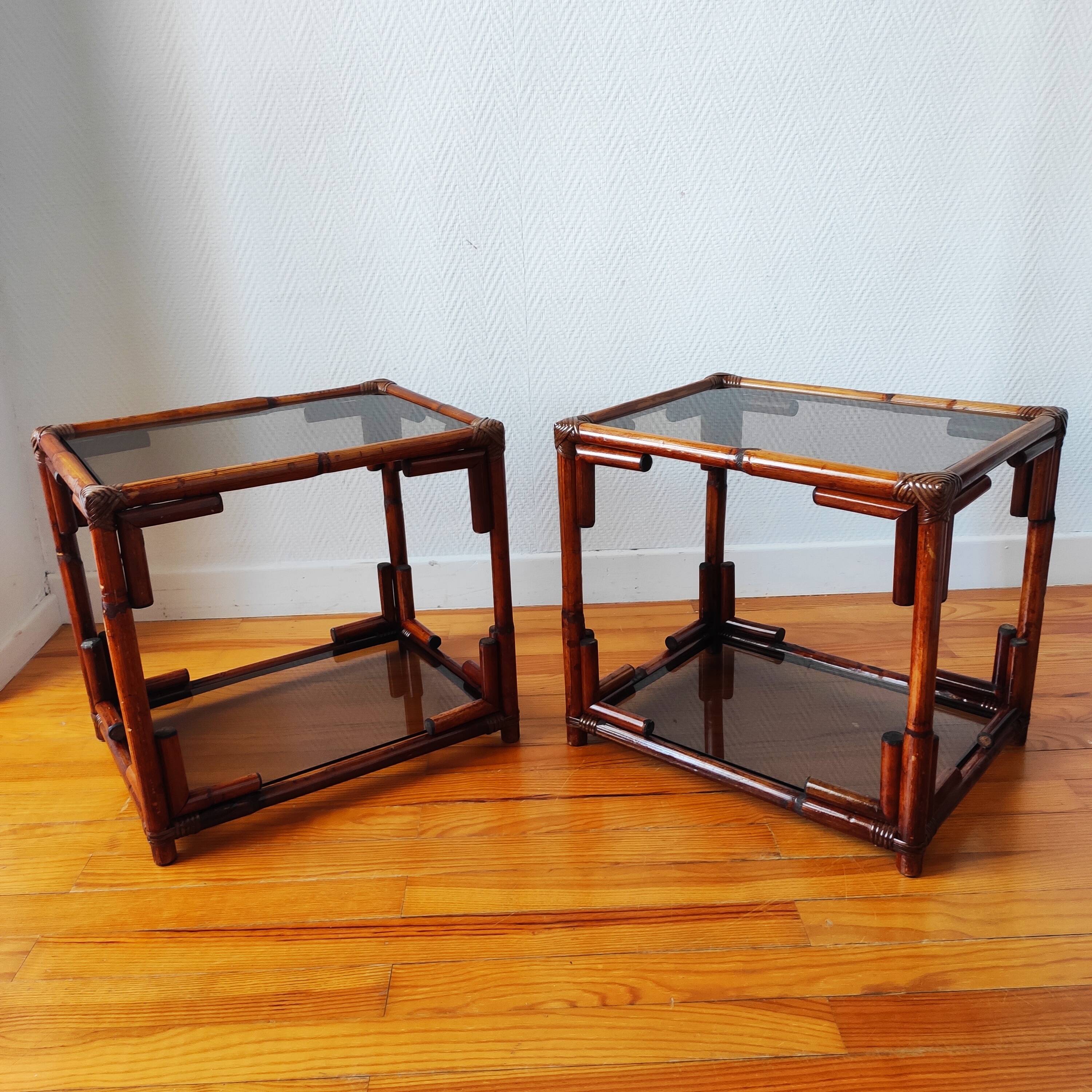 Pair of bedside tables - rattan smoked glass side tables vintage 70s-80s