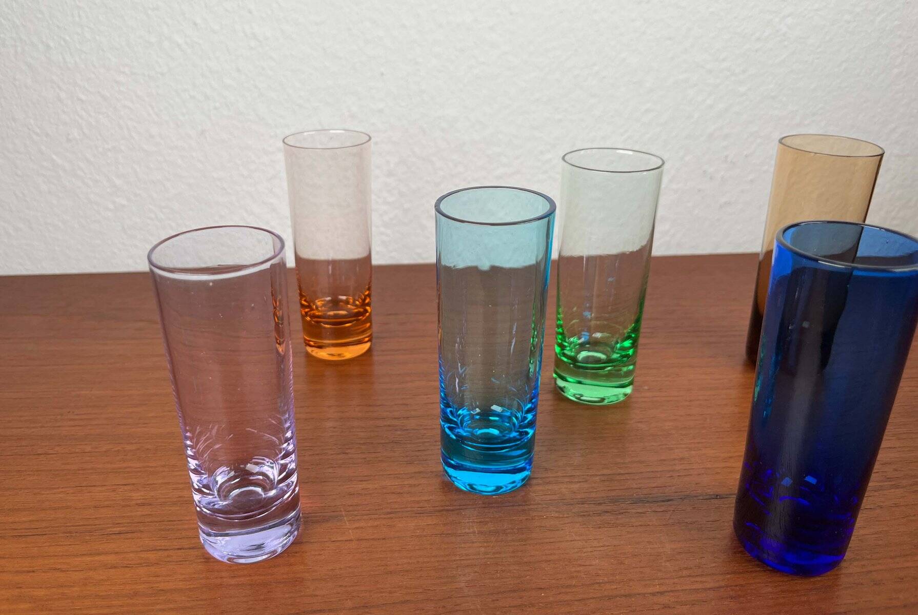 Coloured German shot glasses from the mid-century, 1960s, set of 6.
