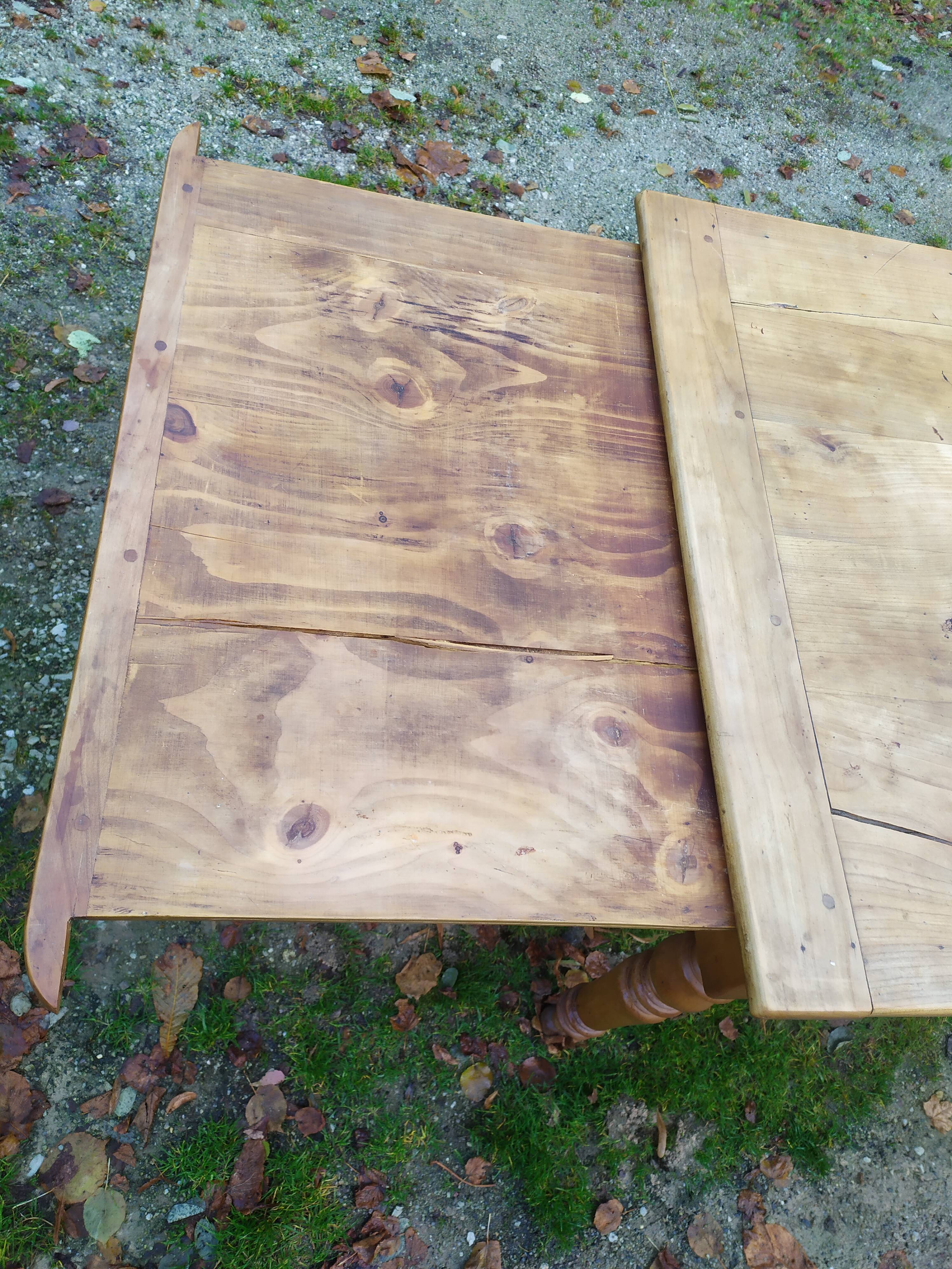 Cherry farm table, turned legs, 2 extensions