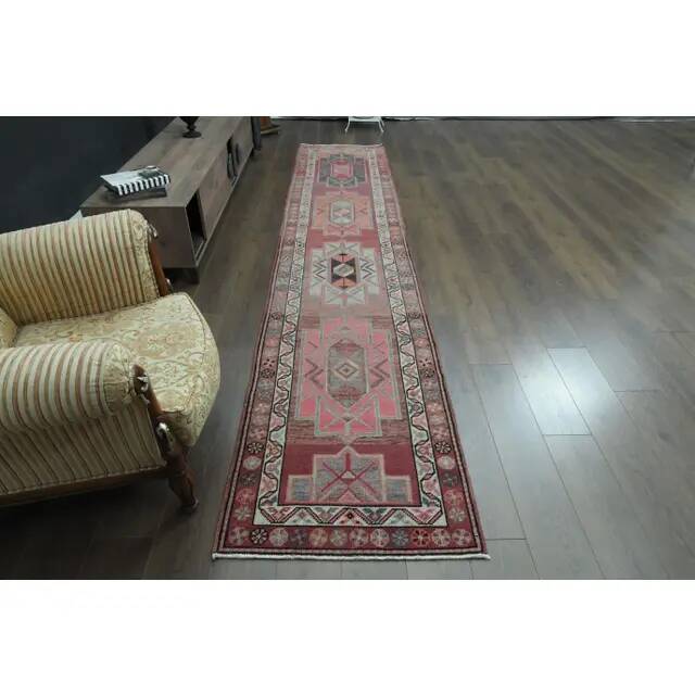 1970s Vintage Turkish Oushak Handmade Wool Cotton Pink Runner Rug 84x416