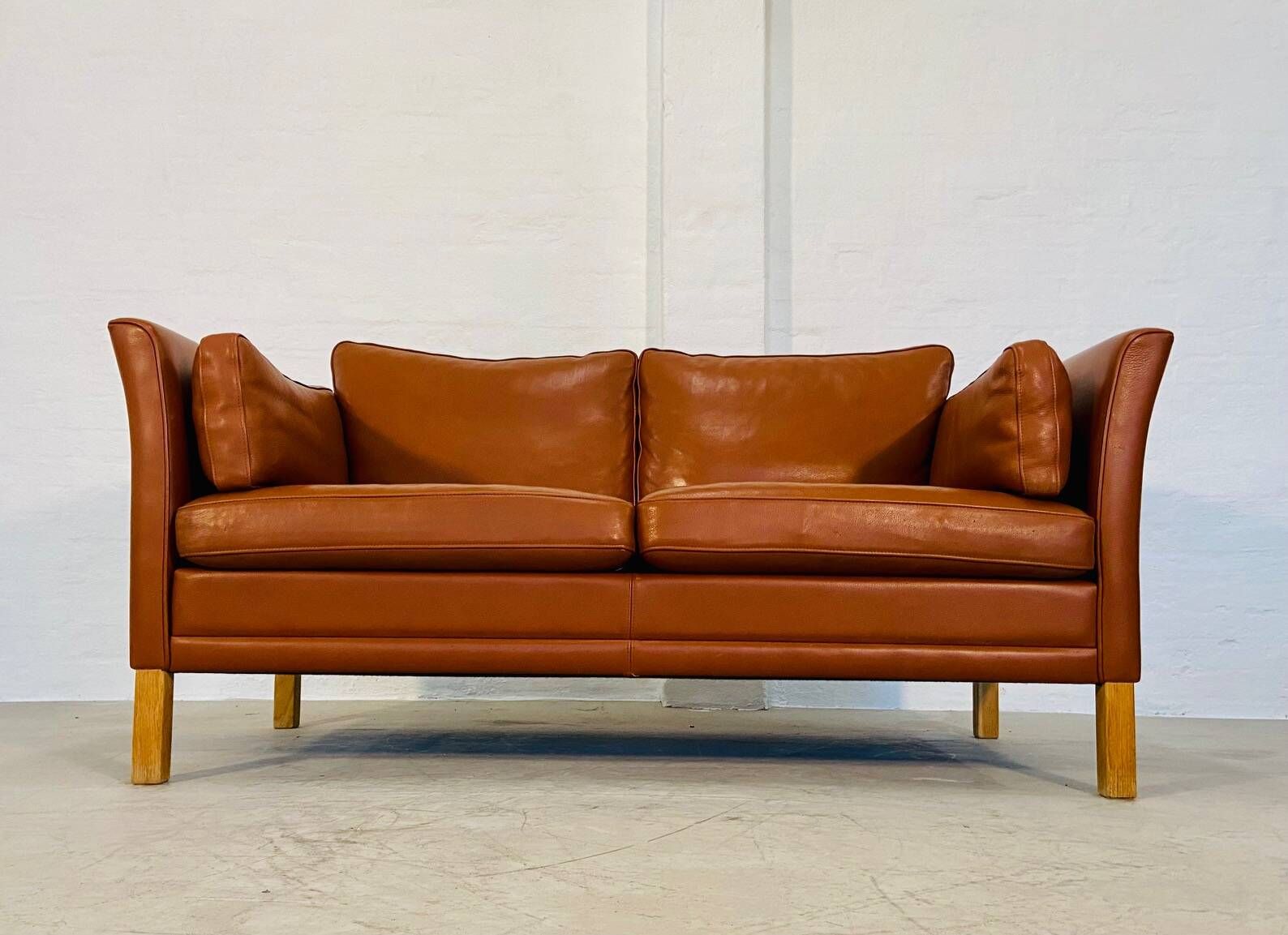 Vintage retro danish mogens hansen 2 person cognac leather sofa