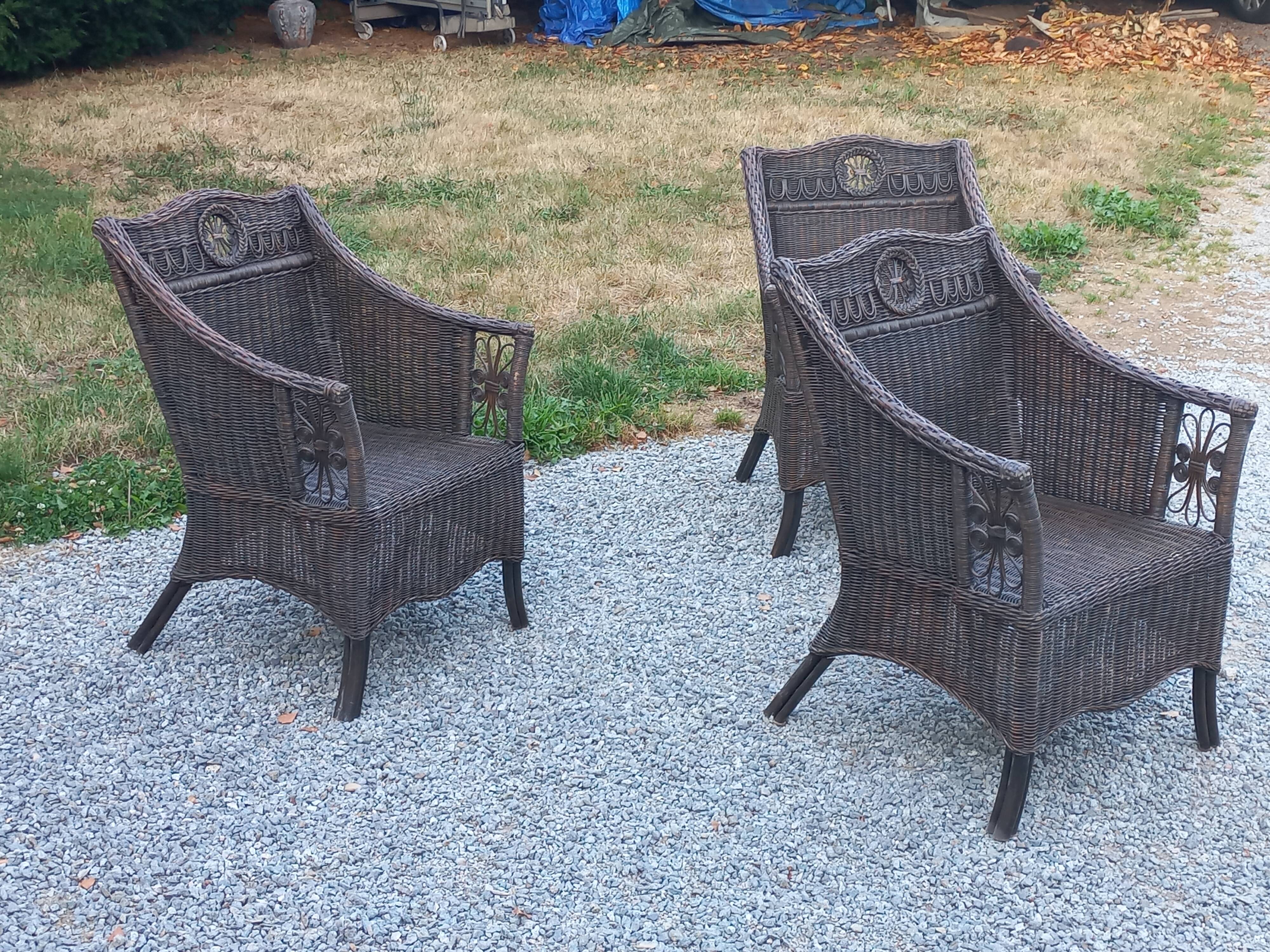Set de 3 fauteuils en rotin des années 70