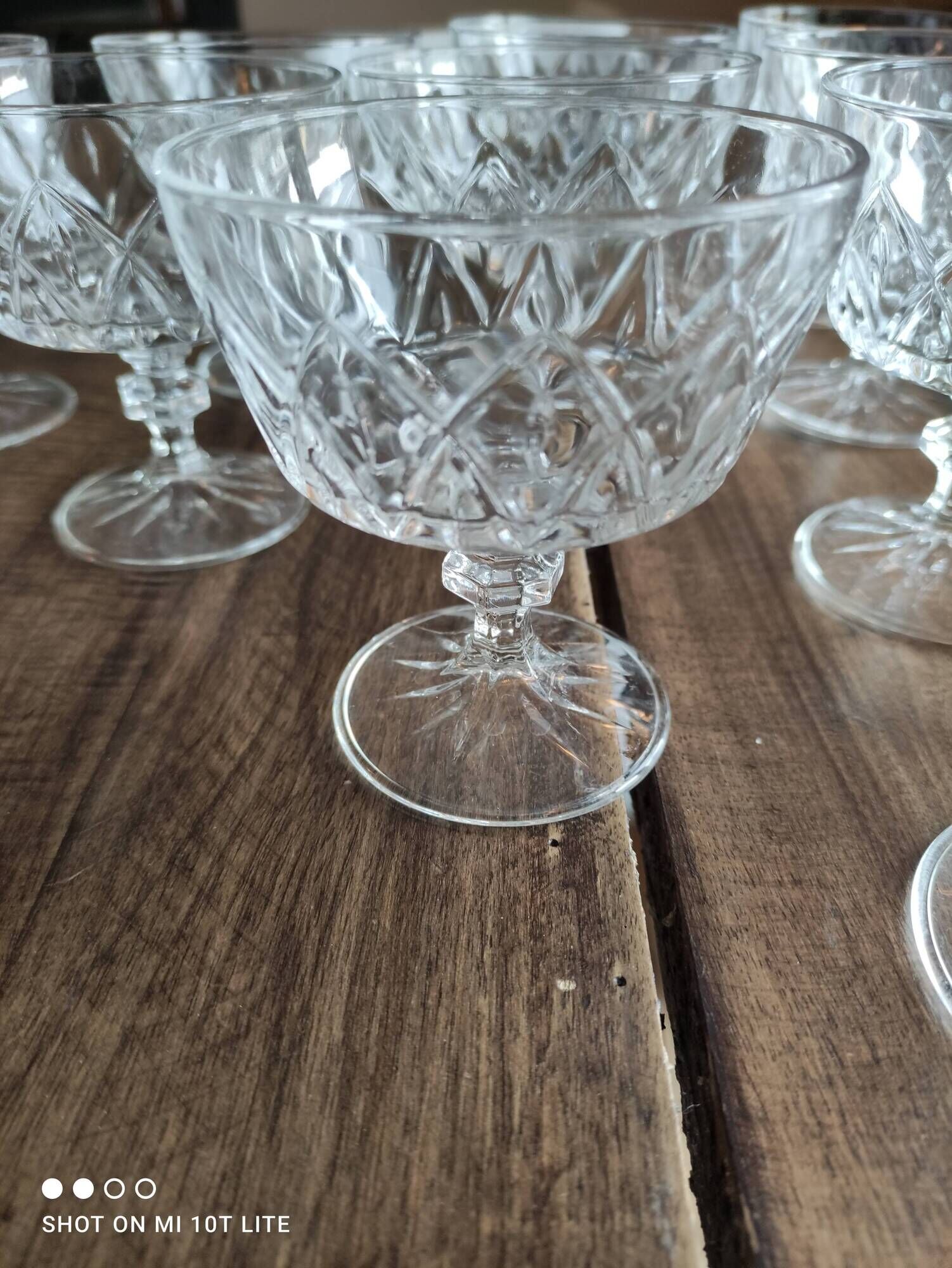 Set of 10 vintage champagne glasses in molded glass