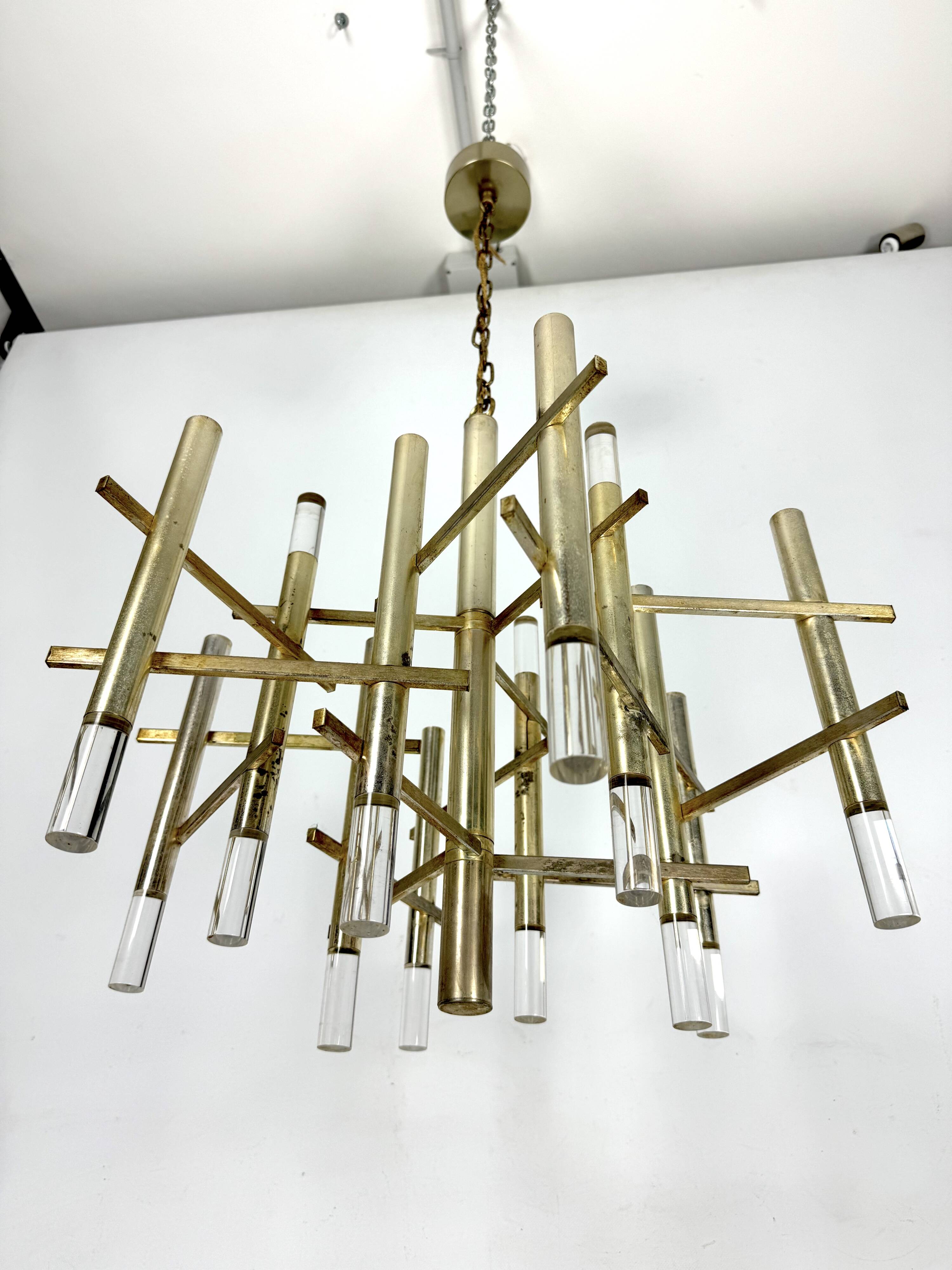 Sciolari 9 lights slight gilded chrome and perspex Chandelier model Ice, Italy 60s