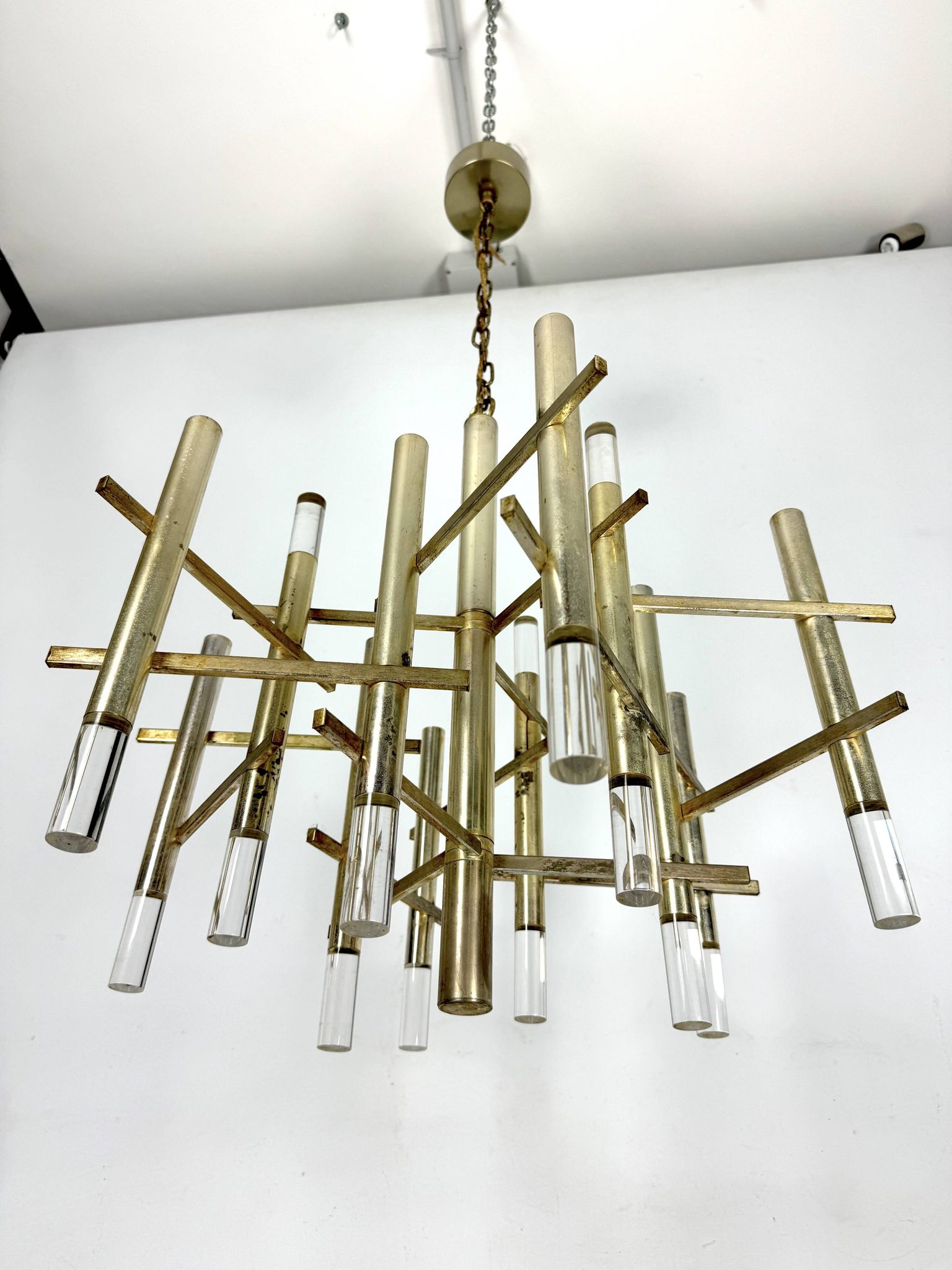 Sciolari 9 lights slight gilded chrome and perspex Chandelier model Ice, Italy 60s