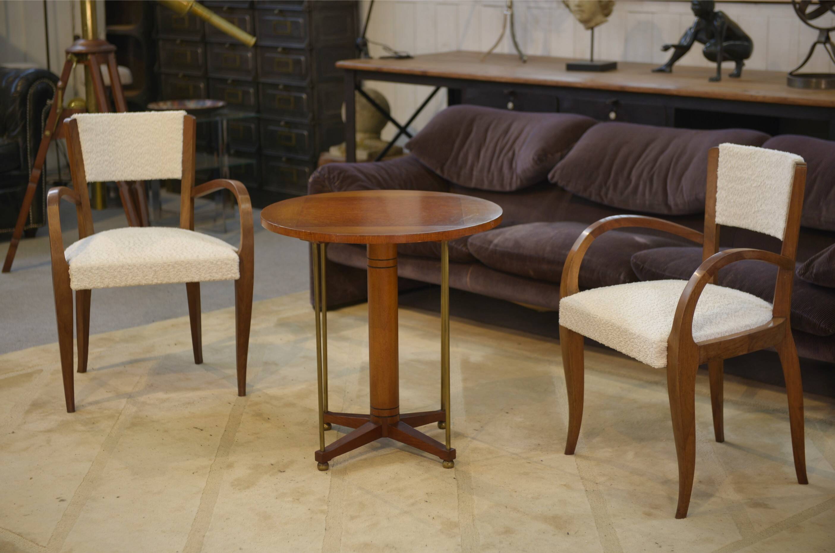 Pair of bridge armchairs in walnut and cream boucle fabric, early 20th century.