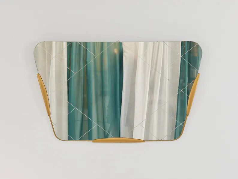 Large Trapezoidal Golden Wall Mirror With Engraved Diamond Pattern, Austria, 1950s