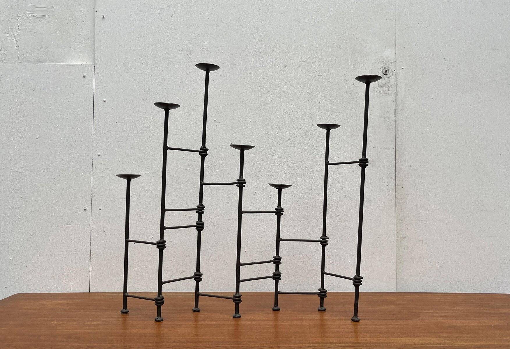 Mid-century brutalist extendable wrought iron floor chandelier, 1960s.