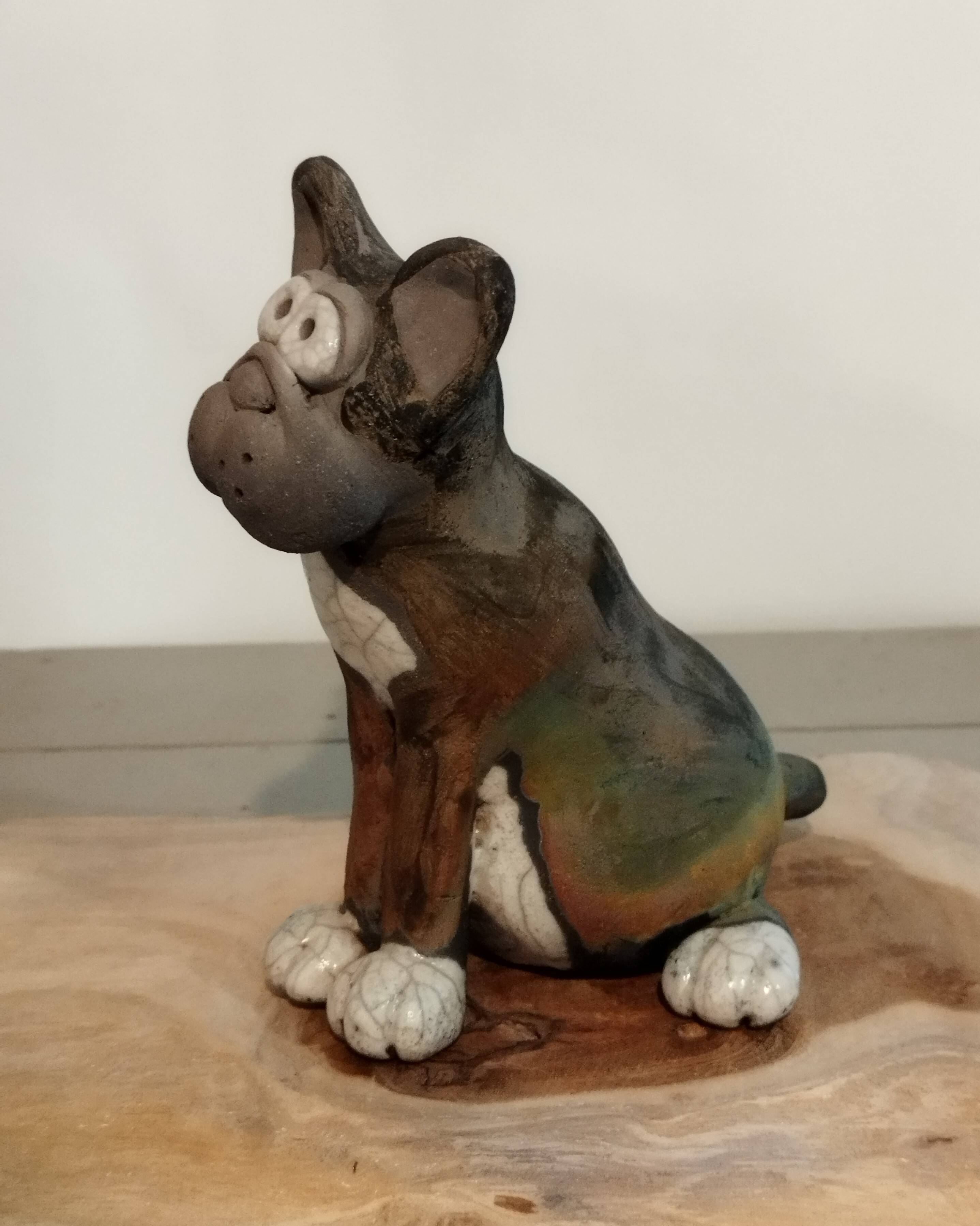 Raku ceramic dog sculpture, unique piece.