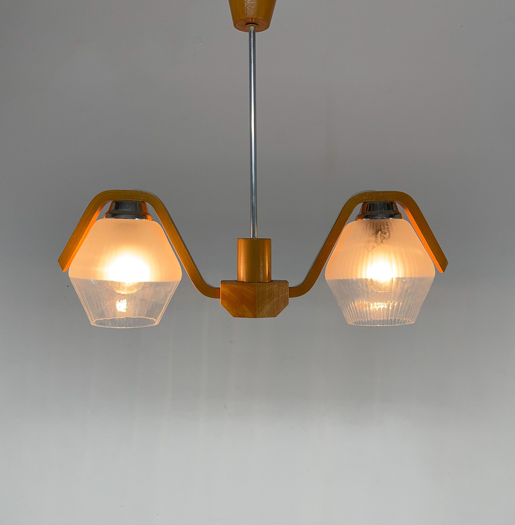 Mid-century Wood & Glass Chandelier by Dřevo Humpolec, 1960's