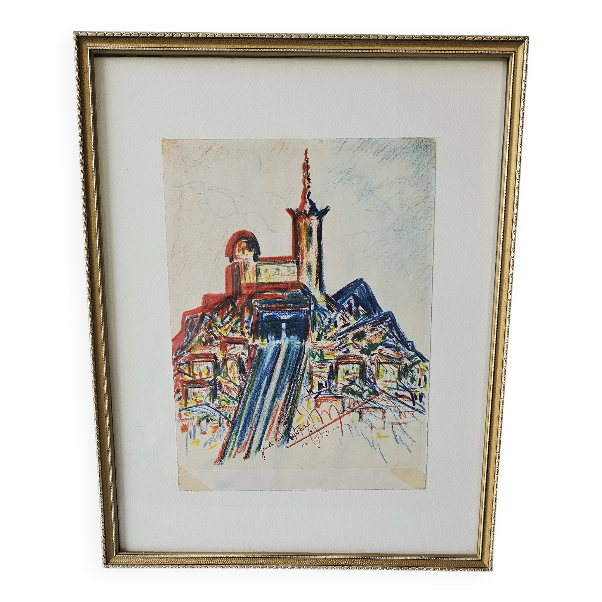 Pastel painting of Notre Dame de la Garde, Marseille. Signed JM (Signature at id)