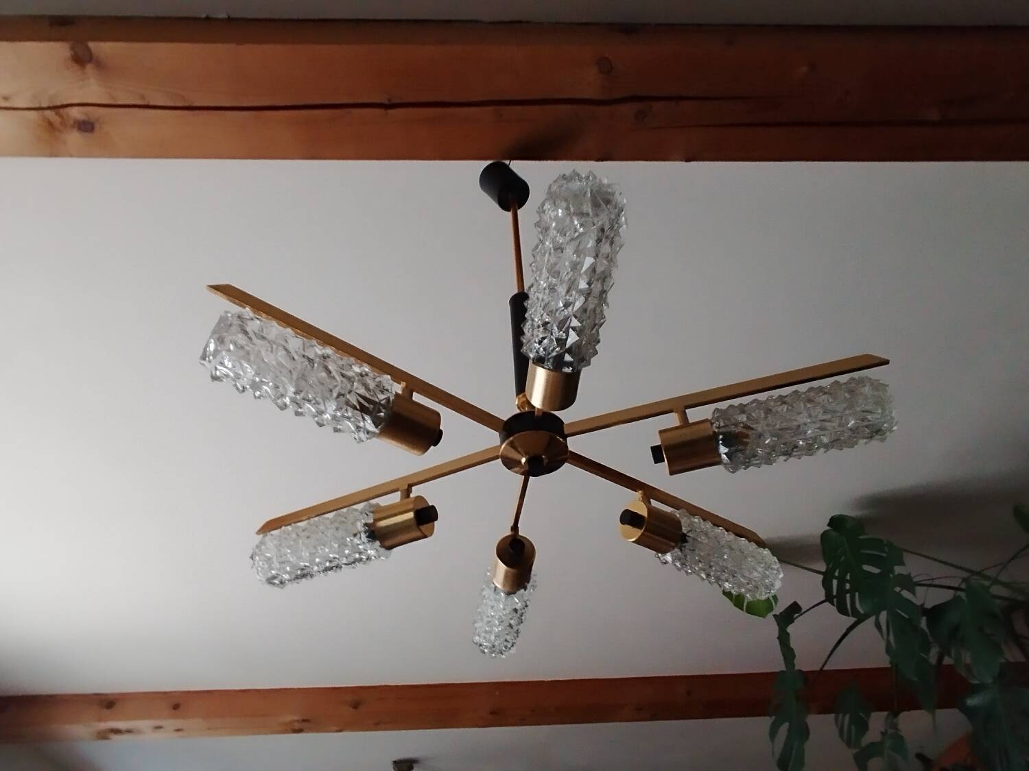 Arlus vintage brass and glass chandelier 6 lights