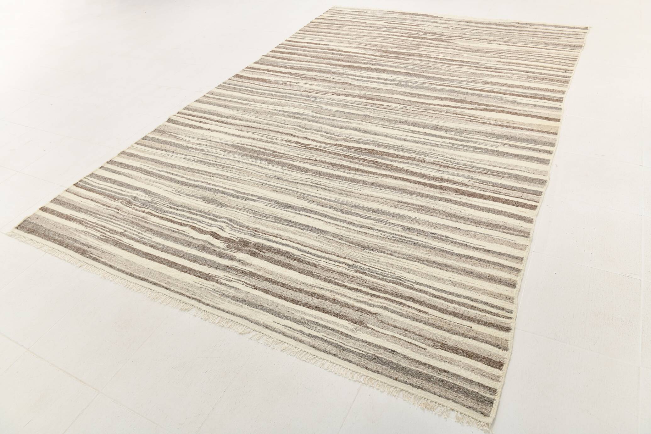 8x11 Brown Beige Minimalist Handmade Wool Kilim Rug, 226x350Cm