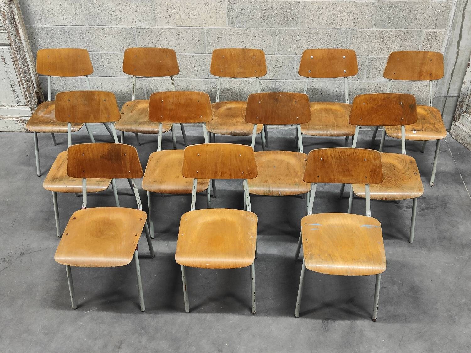 Set of 12 metal and wood school chairs Czechoslovakia Kovona