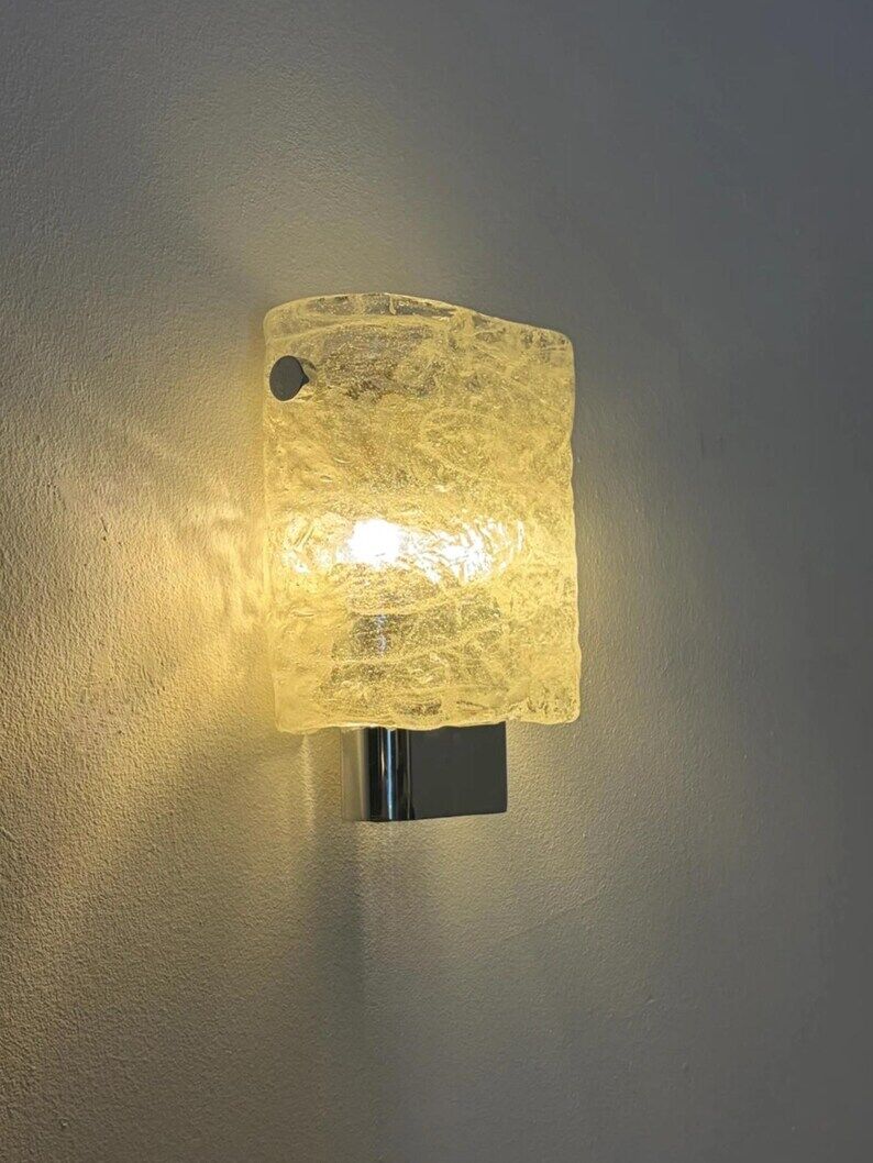 Pair of chrome wall sconces with Murano glass, wall light, art of glass, interior decoration.