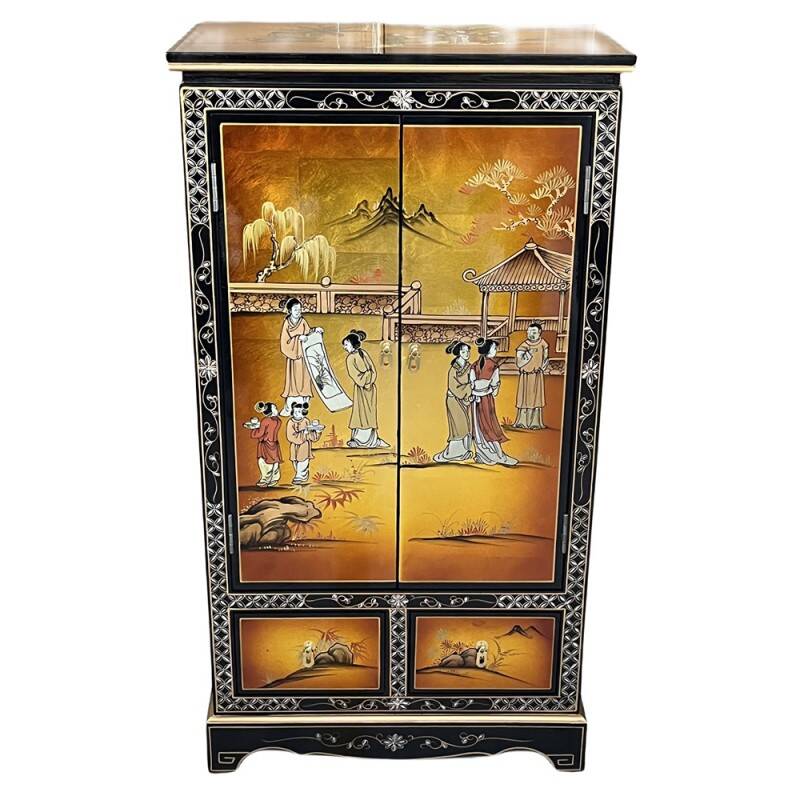 Lacquered golden Chinese wardrobe with painted figures.