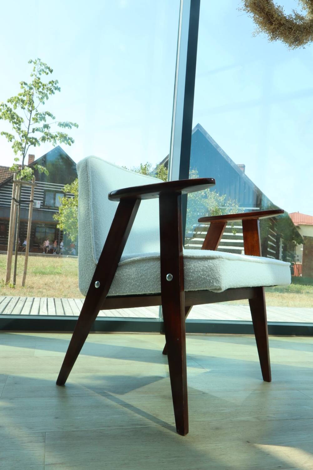 Scandinavian armchair snow white boucle dark walnut wood colour design by Chierowski 366 model