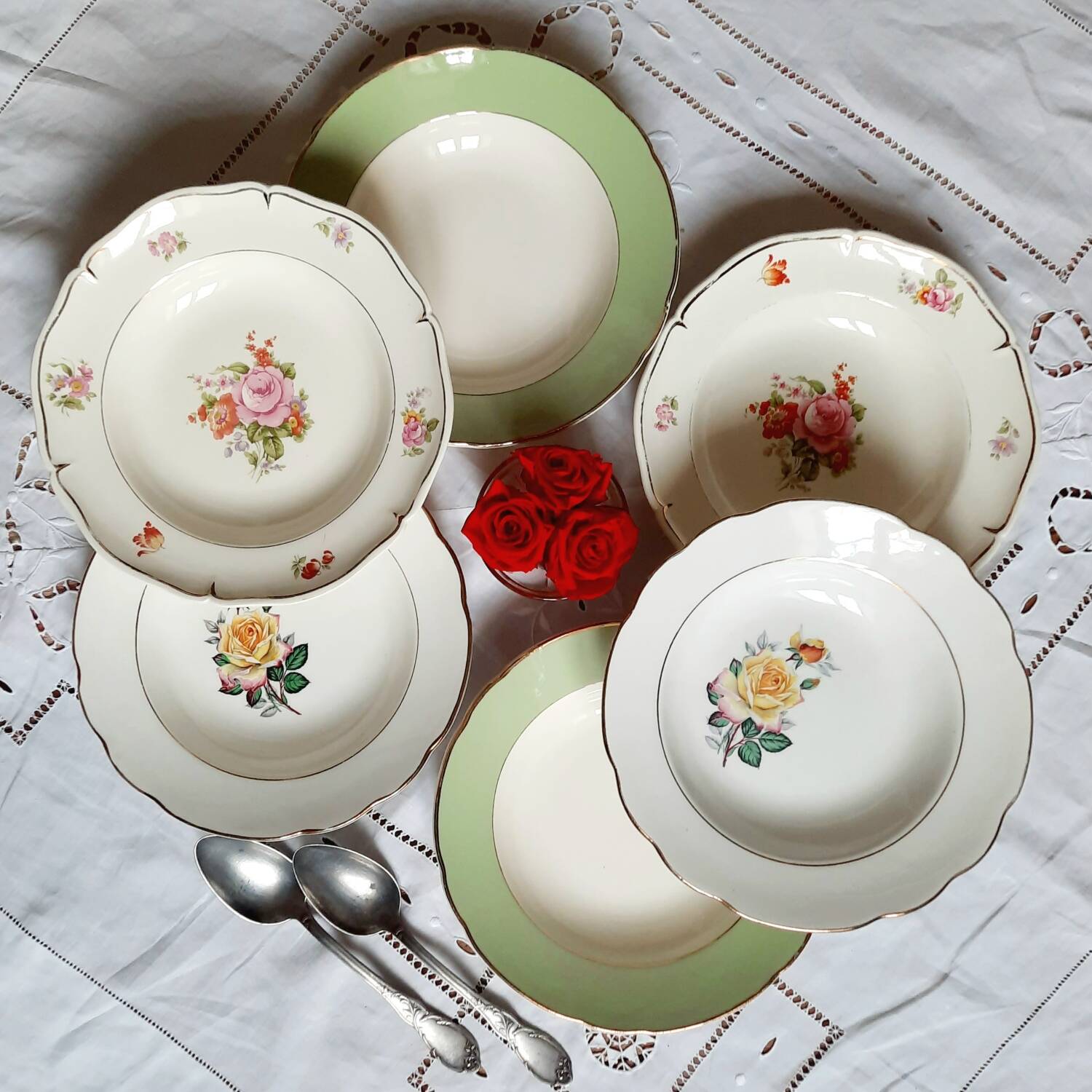 Old mismatched earthenware soup plates